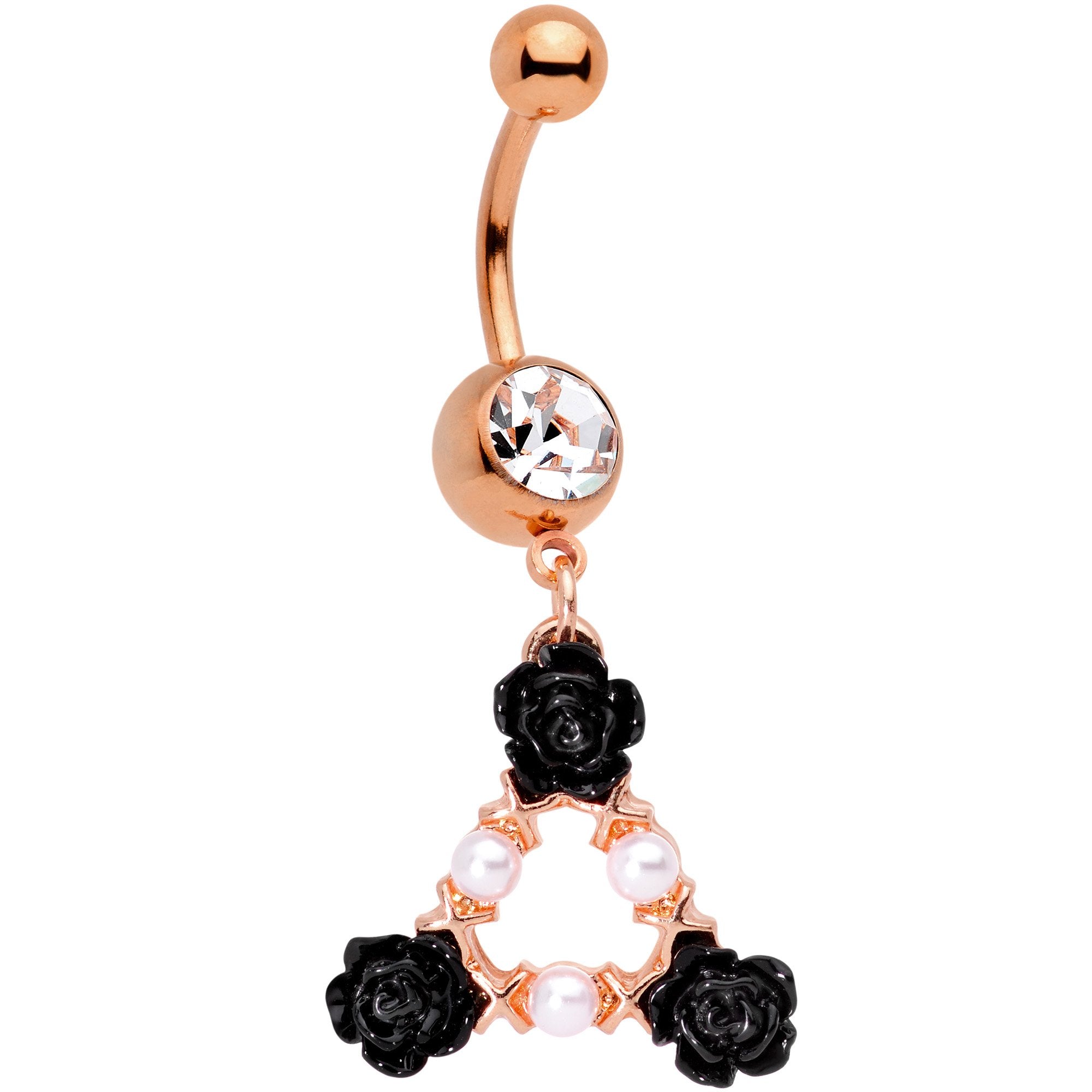 Clear Gem Rose Gold Tone Triple Flower Triangle Dangle Belly Ring