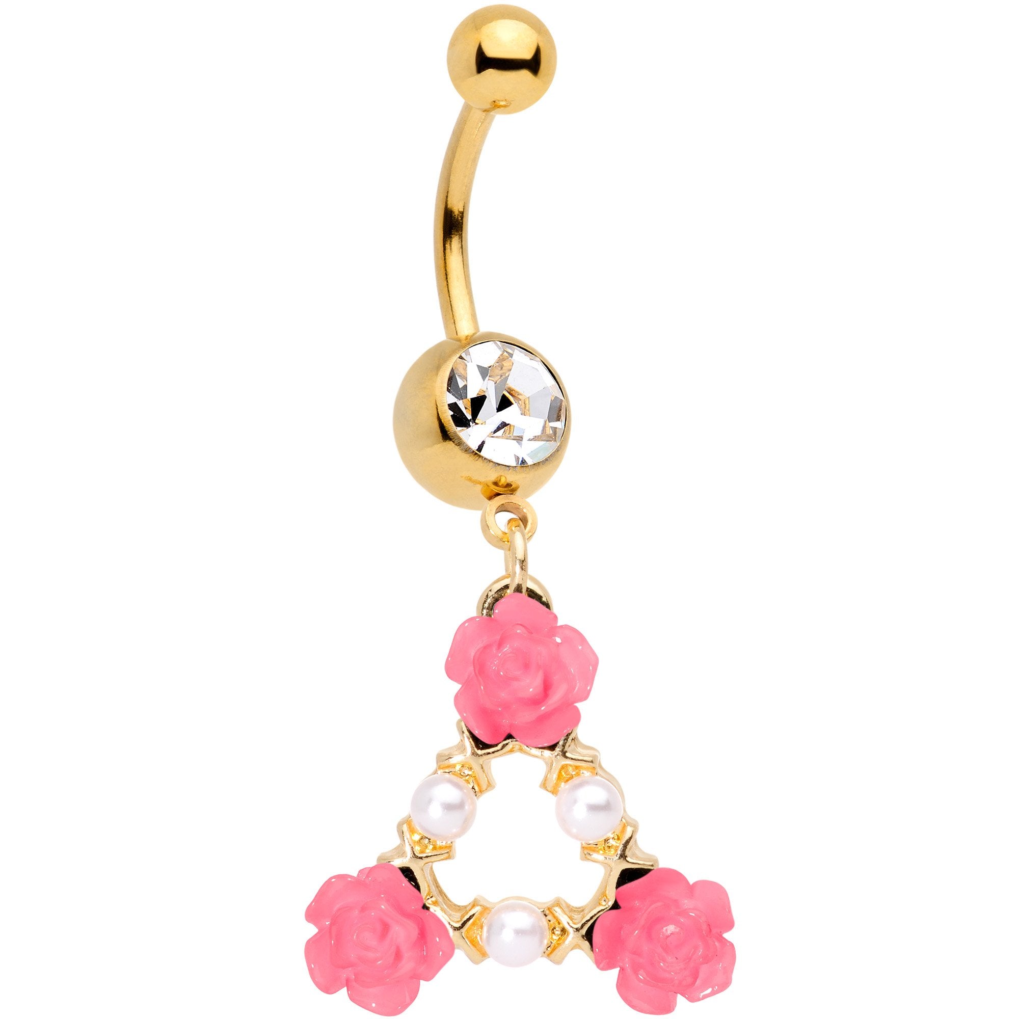 Gold Tone Pink Triple Flower Triangle Dangle Belly Ring