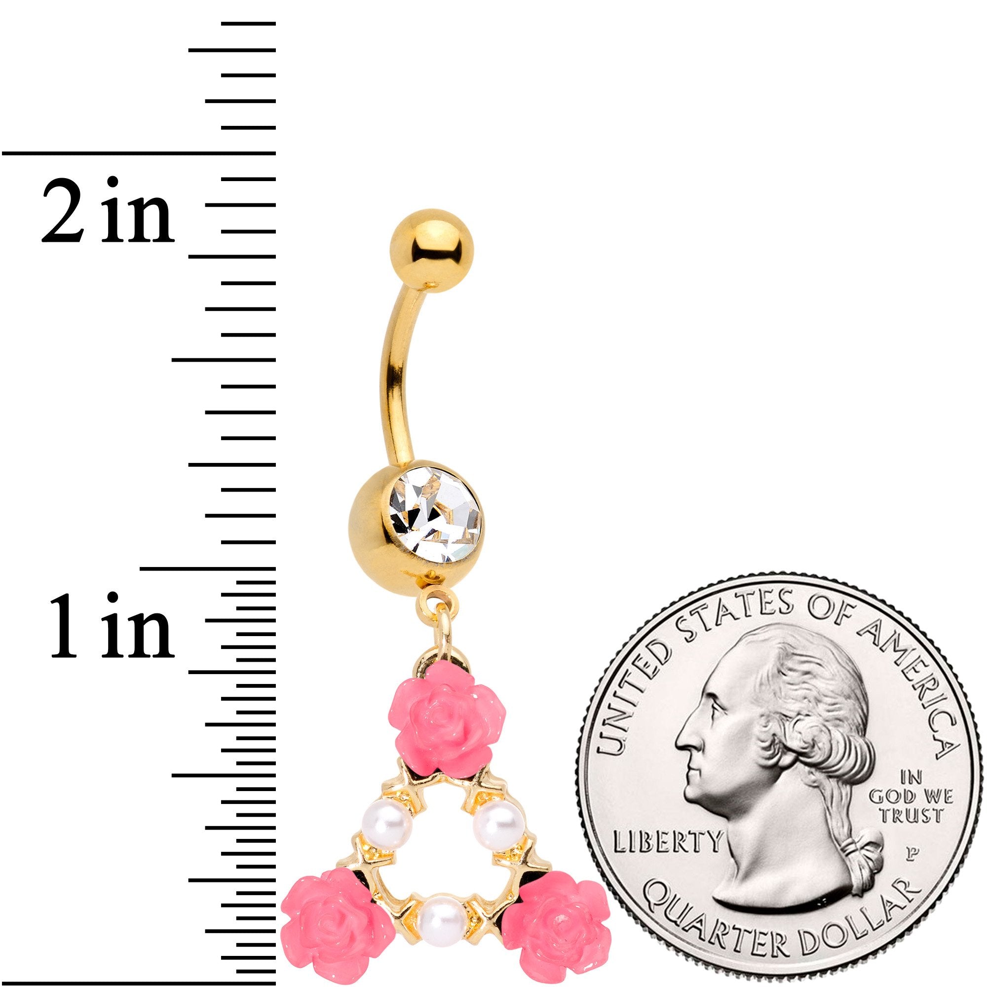 Gold Tone Pink Triple Flower Triangle Dangle Belly Ring