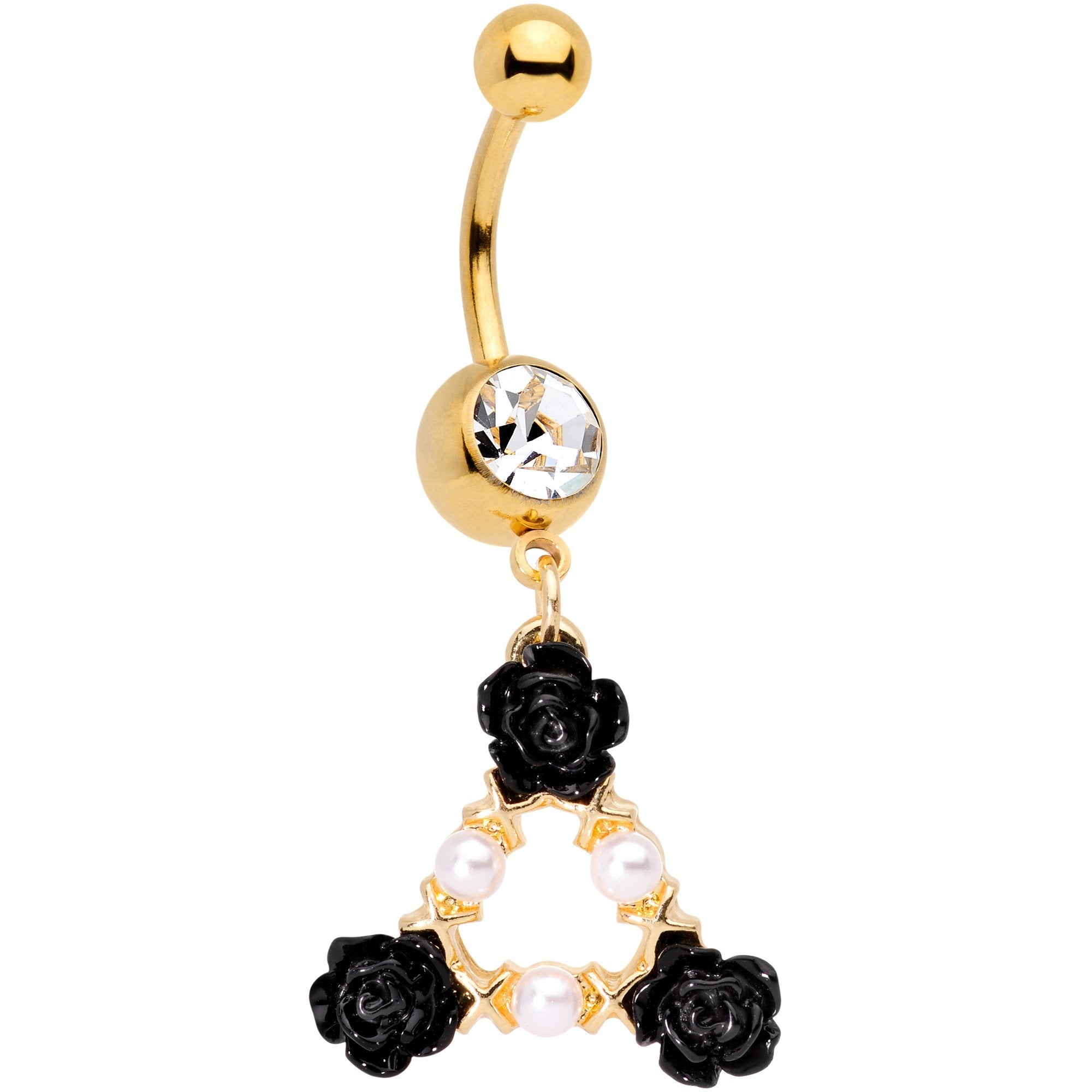 Gold Tone Black Triple Flower Triangle Dangle Belly Ring