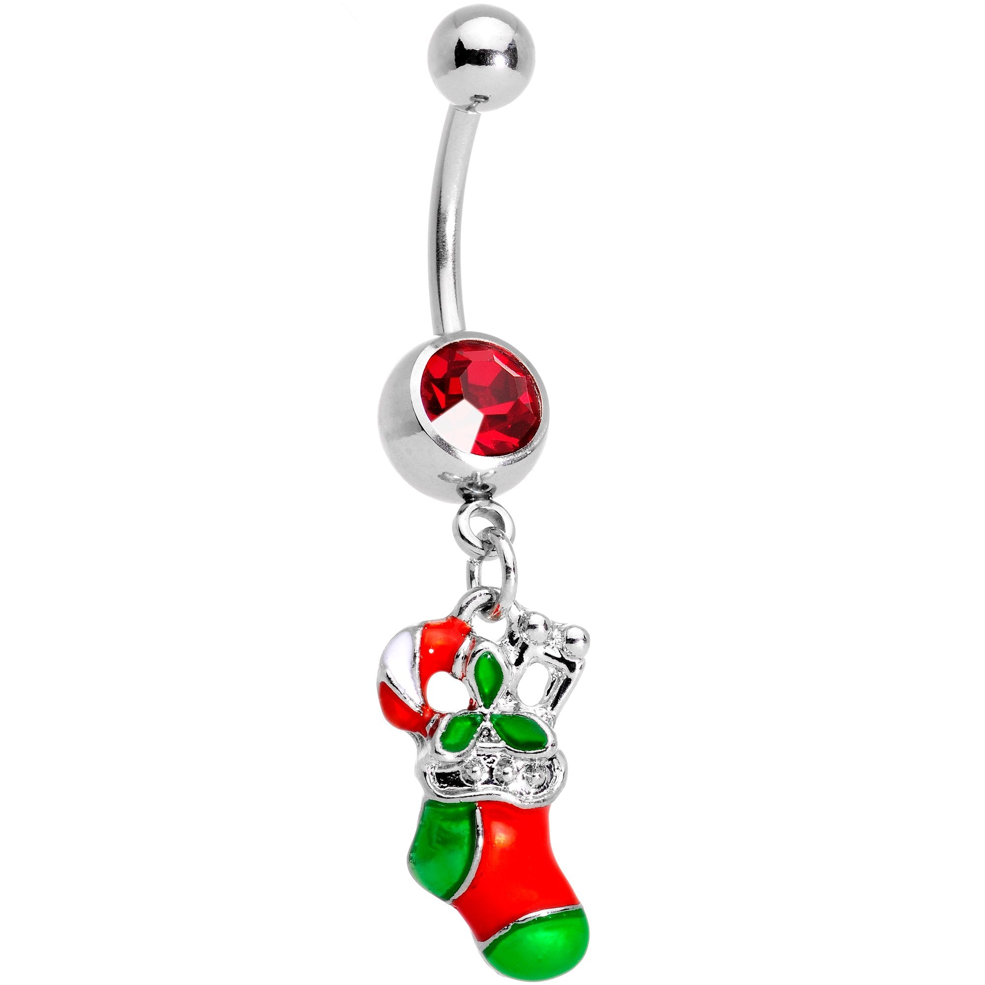 Red Gem Christmas Morning Holiday Stocking Dangle Belly Ring