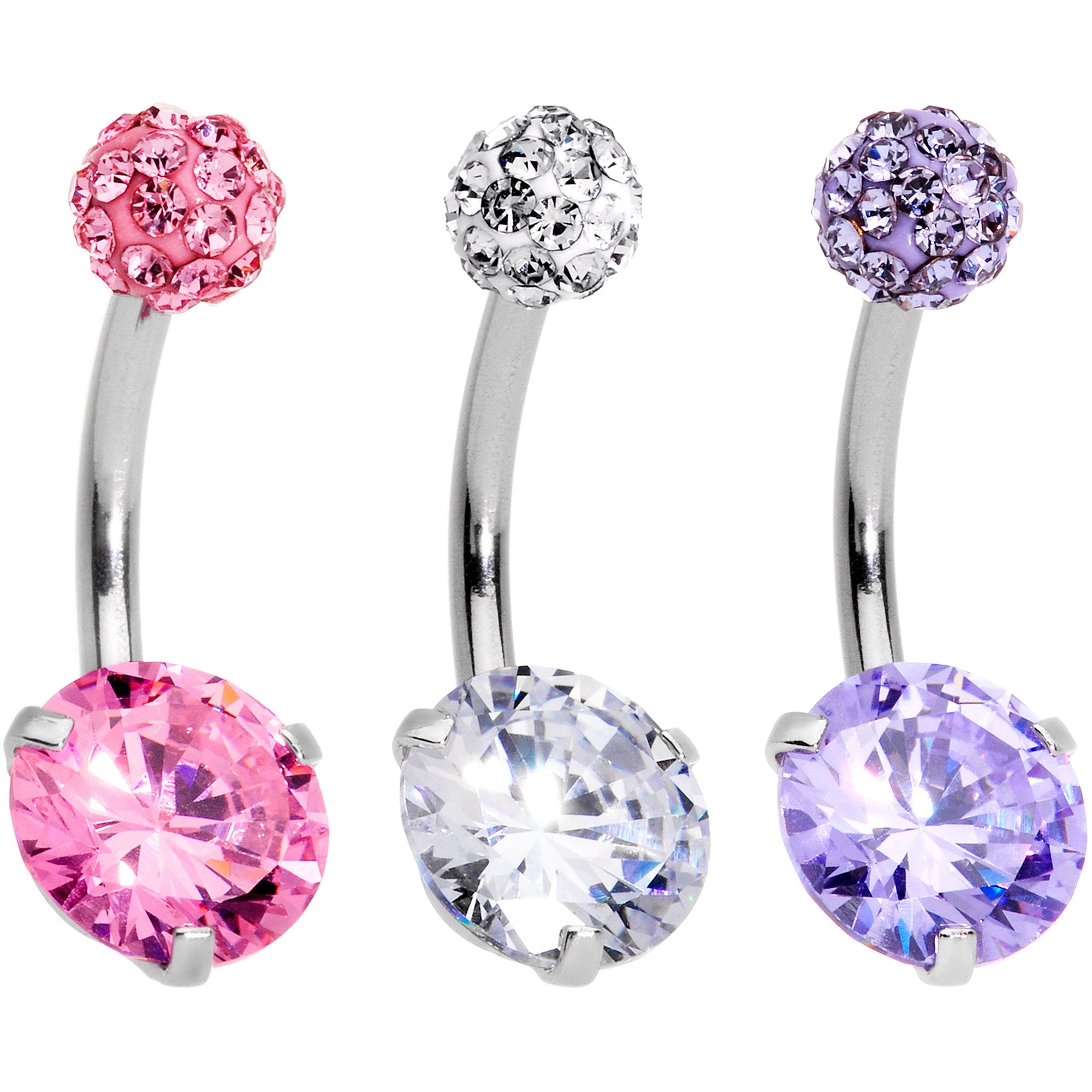 Clear Pink Purple Gem Ultimate Girly Glamour Belly Ring Set of 3