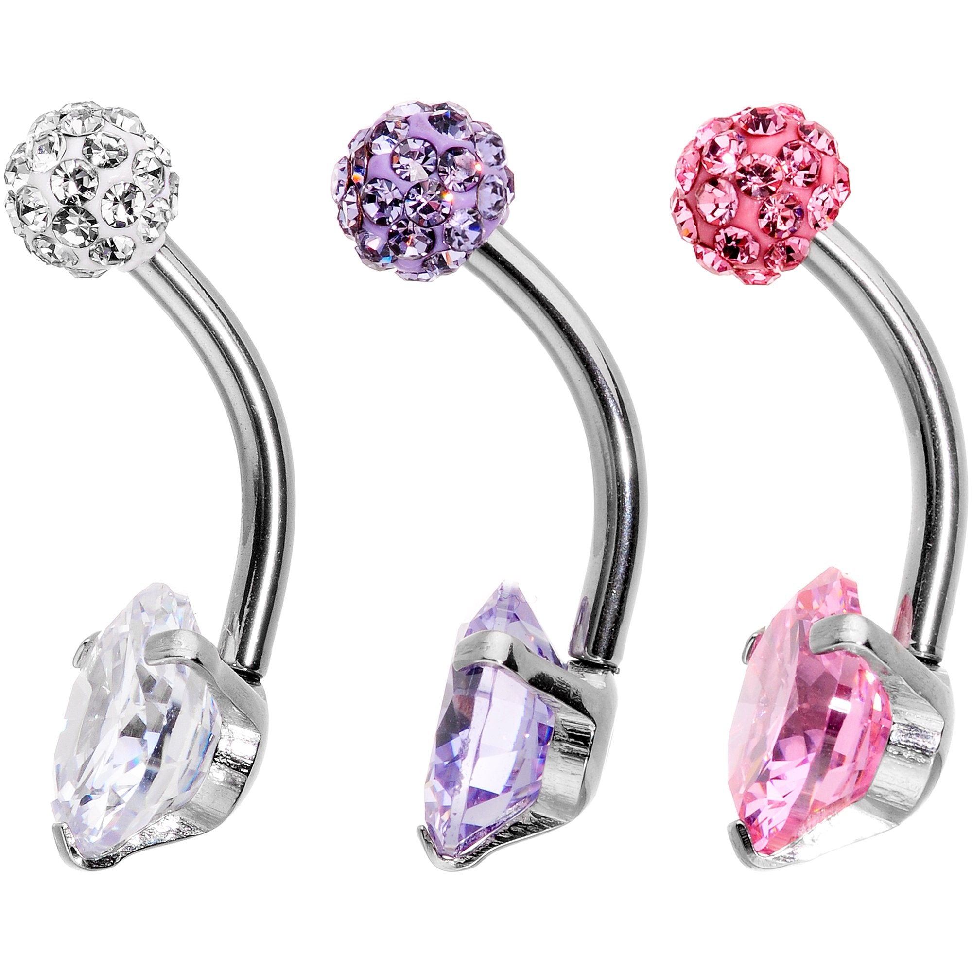 Clear Pink Purple Gem Ultimate Girly Glamour Belly Ring Set of 3