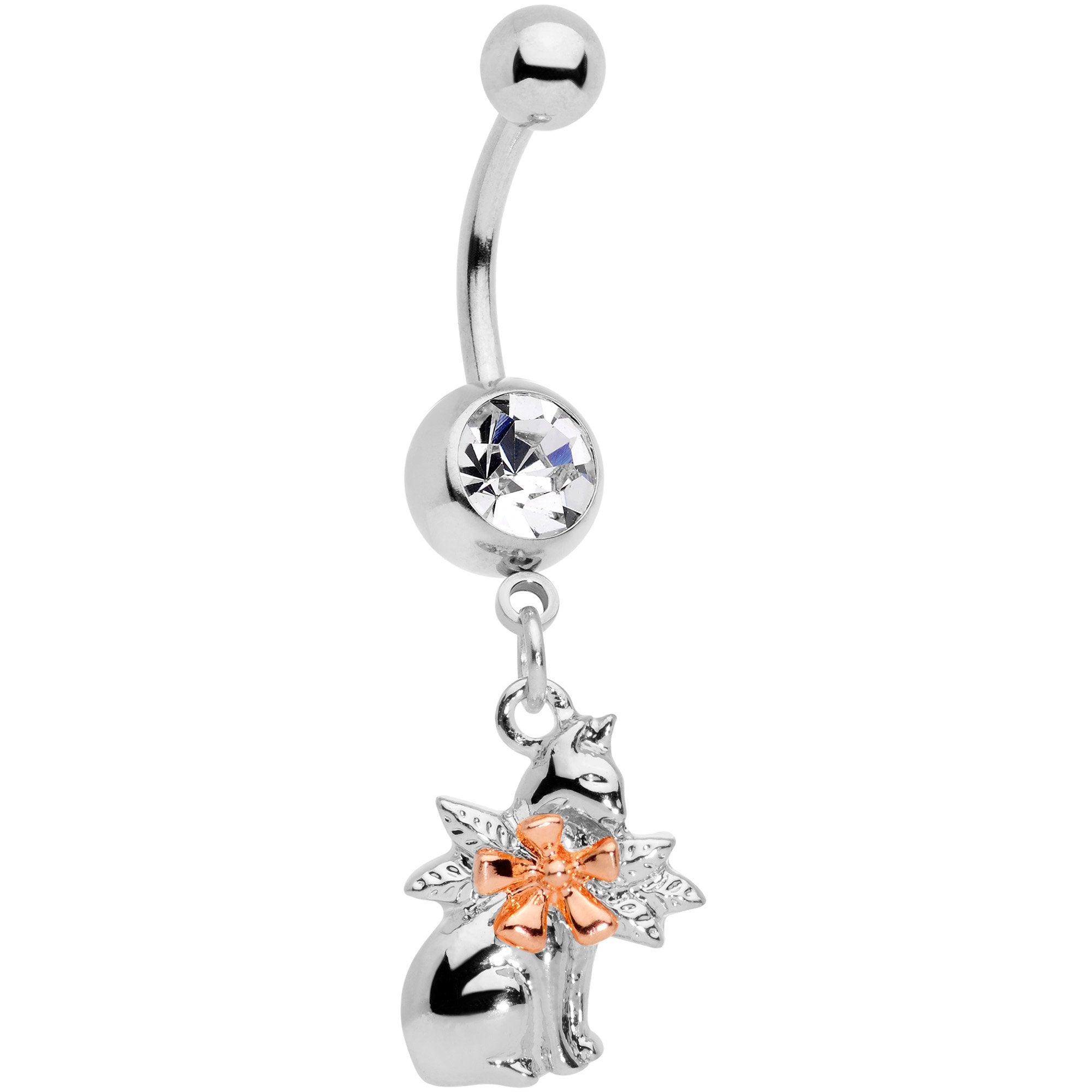 Clear Gem Kitty Cat With a Corsage Dangle Belly Ring