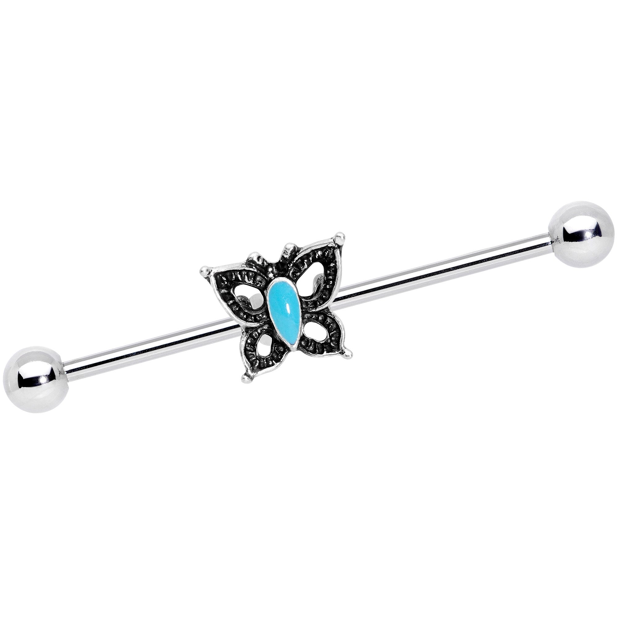 14 Gauge Faux Turquoise Southwest Butterfly Industrial Barbell 38mm