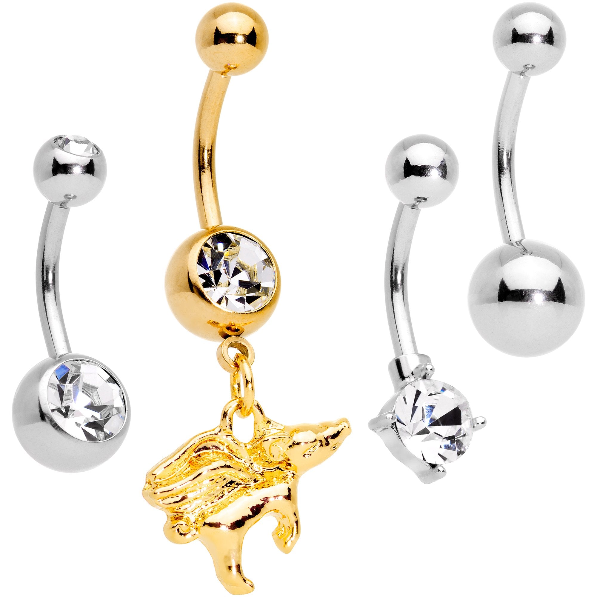 Clear Gem Gold Tone When Pigs Fly Belly Ring Set of 4