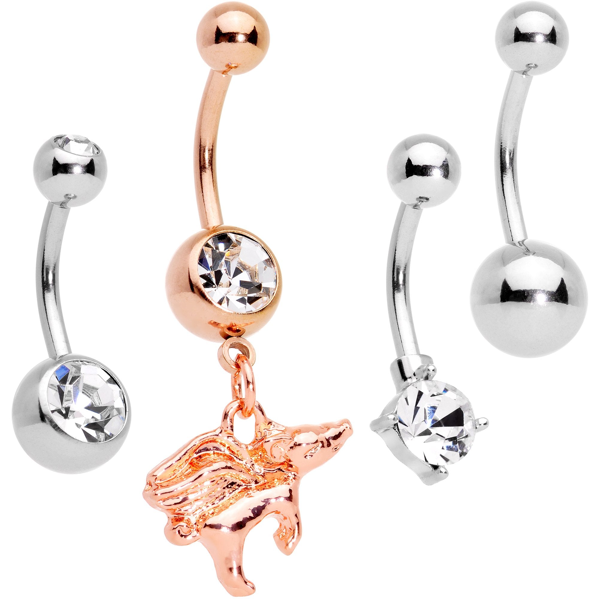 Clear Gem Rose Gold Tone When Pigs Fly Belly Ring Set of 4