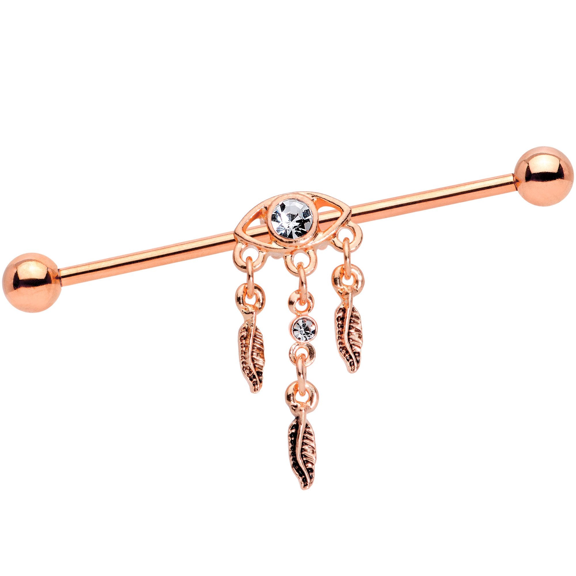 Clear Gem Rose Gold Tone Eye Feather Dangle Industrial Barbell 38mm