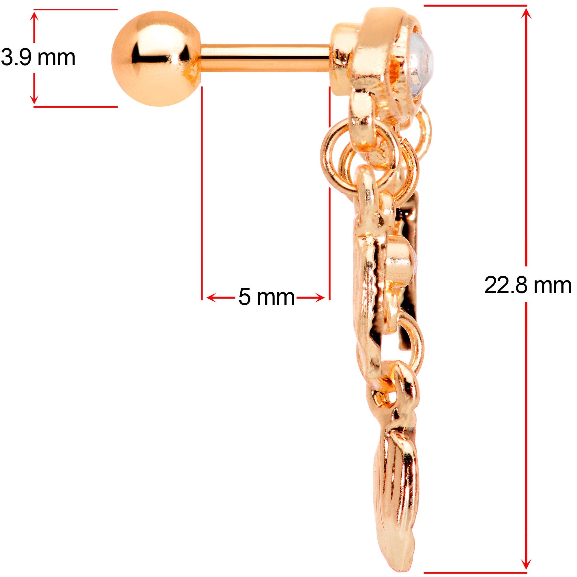 16 Gauge Clear Gem Rose Gold Tone Eye Feather Cartilage Tragus Earring