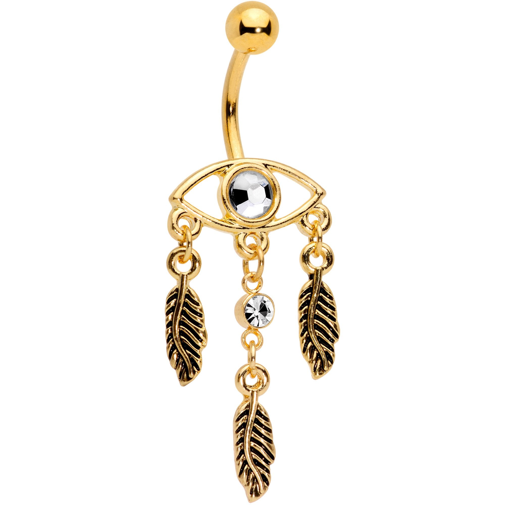 Clear Gem Gold Tone Vision of Feathers Dangle Belly Ring