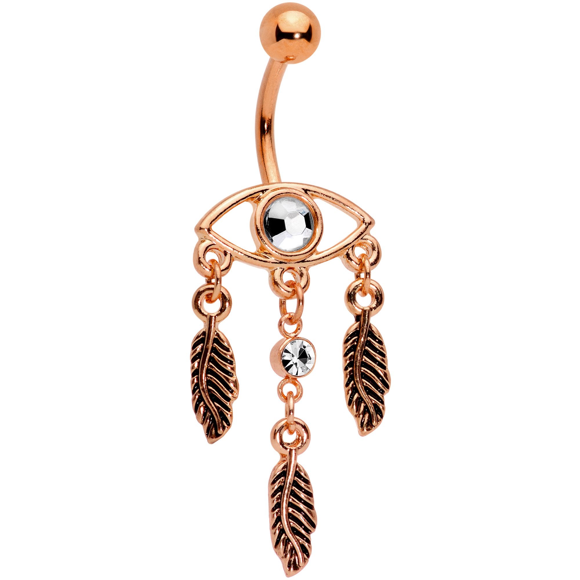 Clear Gem Rose Gold Tone A Vision Of Feathers Dangle Belly Ring