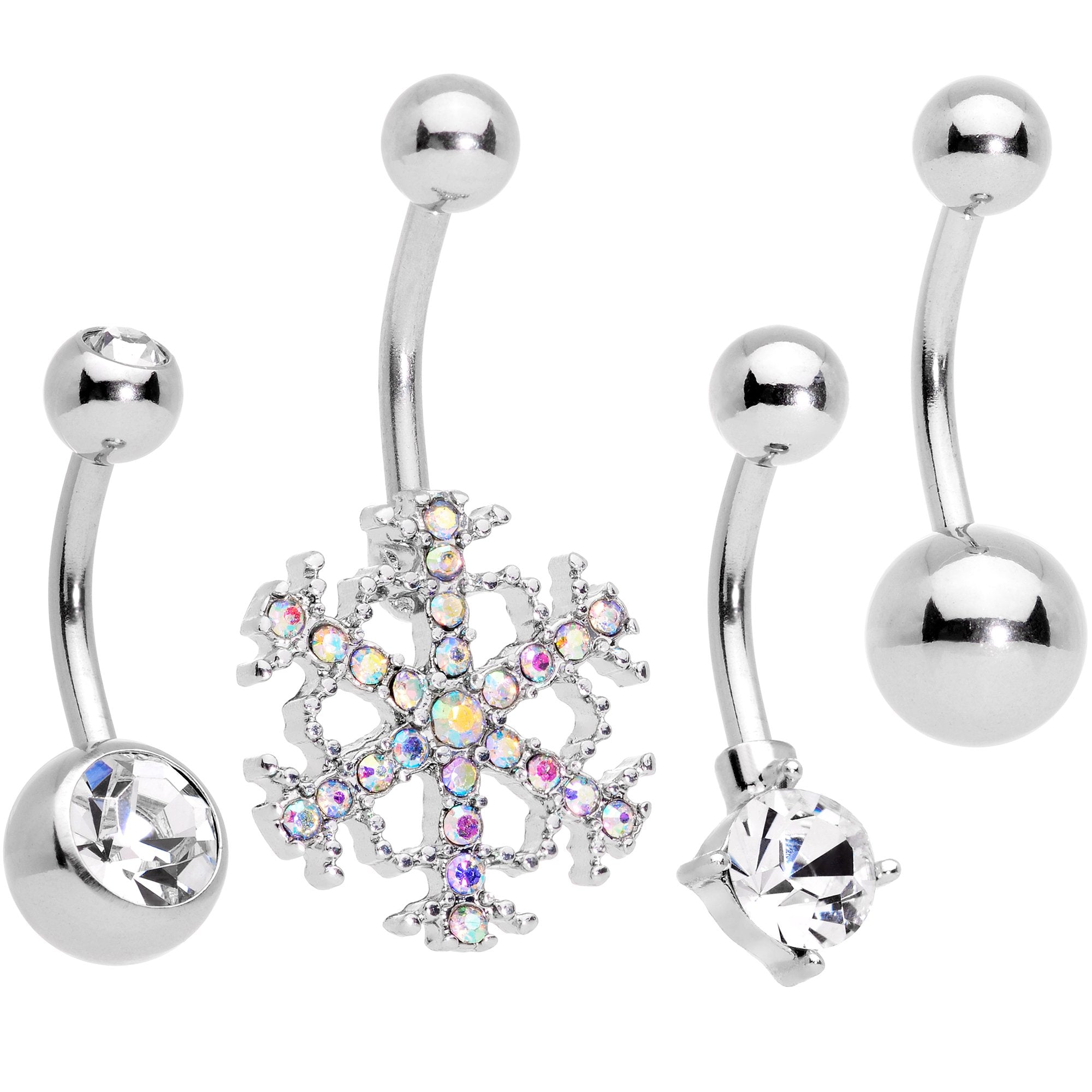 Clear Gem Holiday Season Winter Snowflake Belly Ring Set of 4