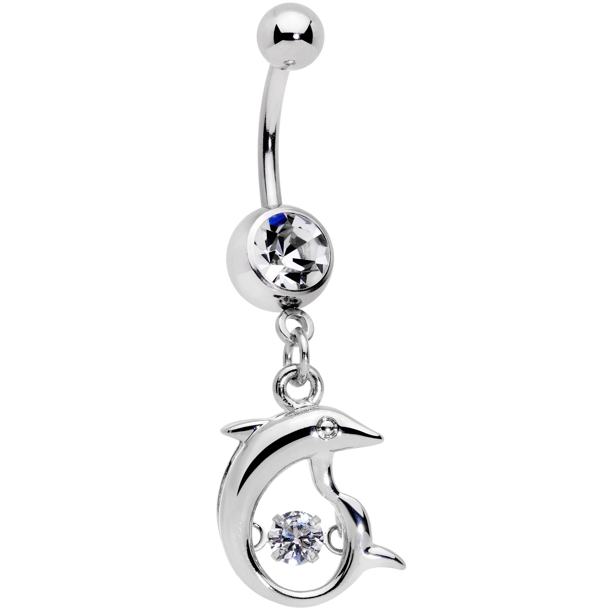 Clear CZ Gem Abstract Dancing Dolphin Dangle Belly Ring