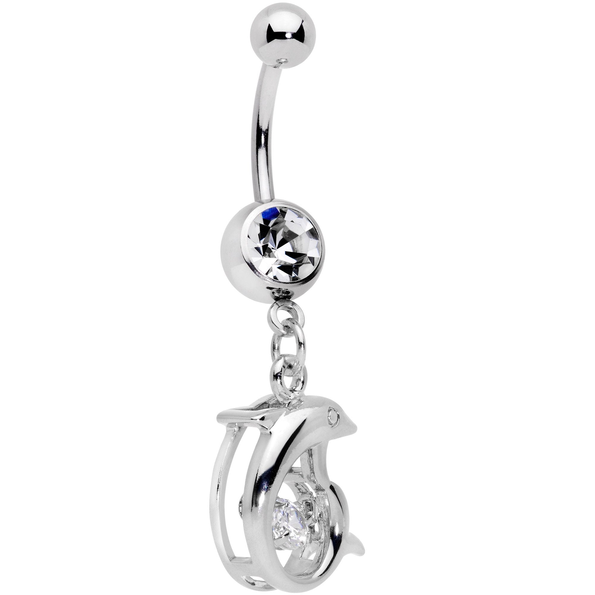 Clear CZ Gem Abstract Dancing Dolphin Dangle Belly Ring