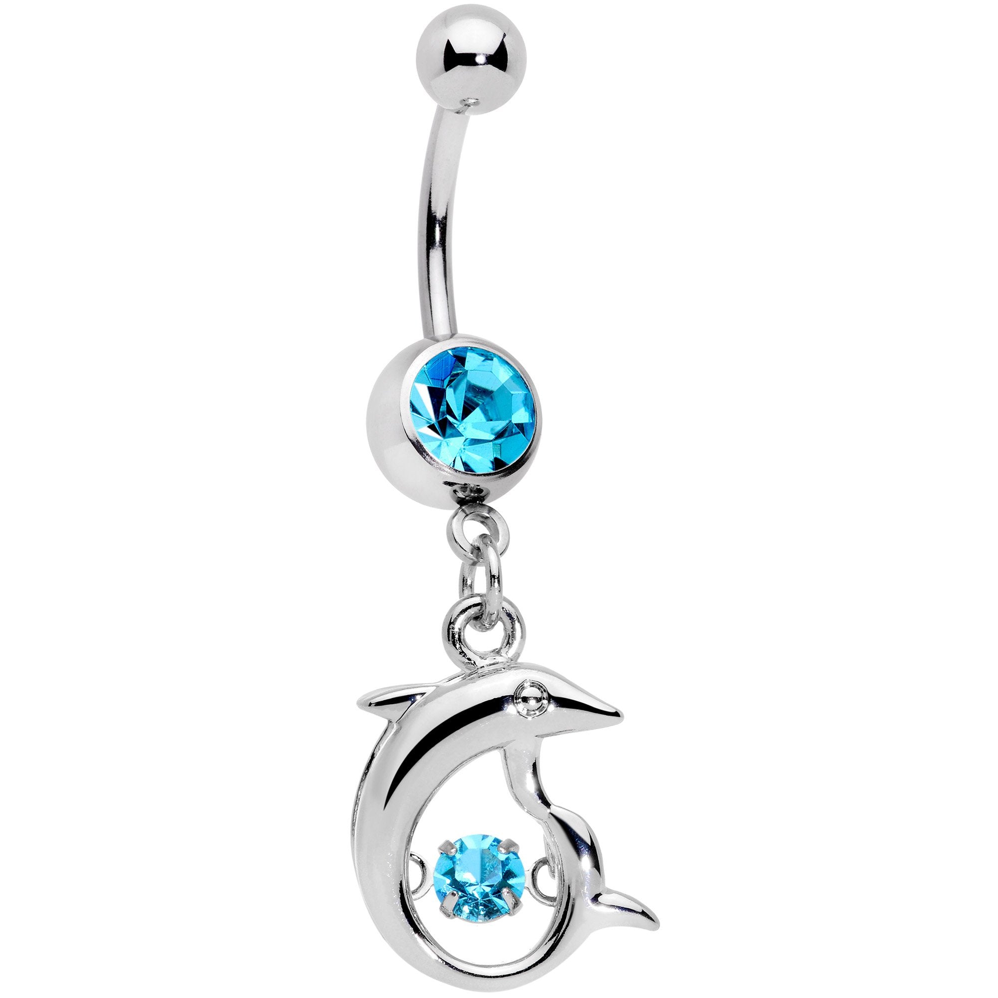 Aqua CZ Gem Abstract Dancing Dolphin Dangle Belly Ring