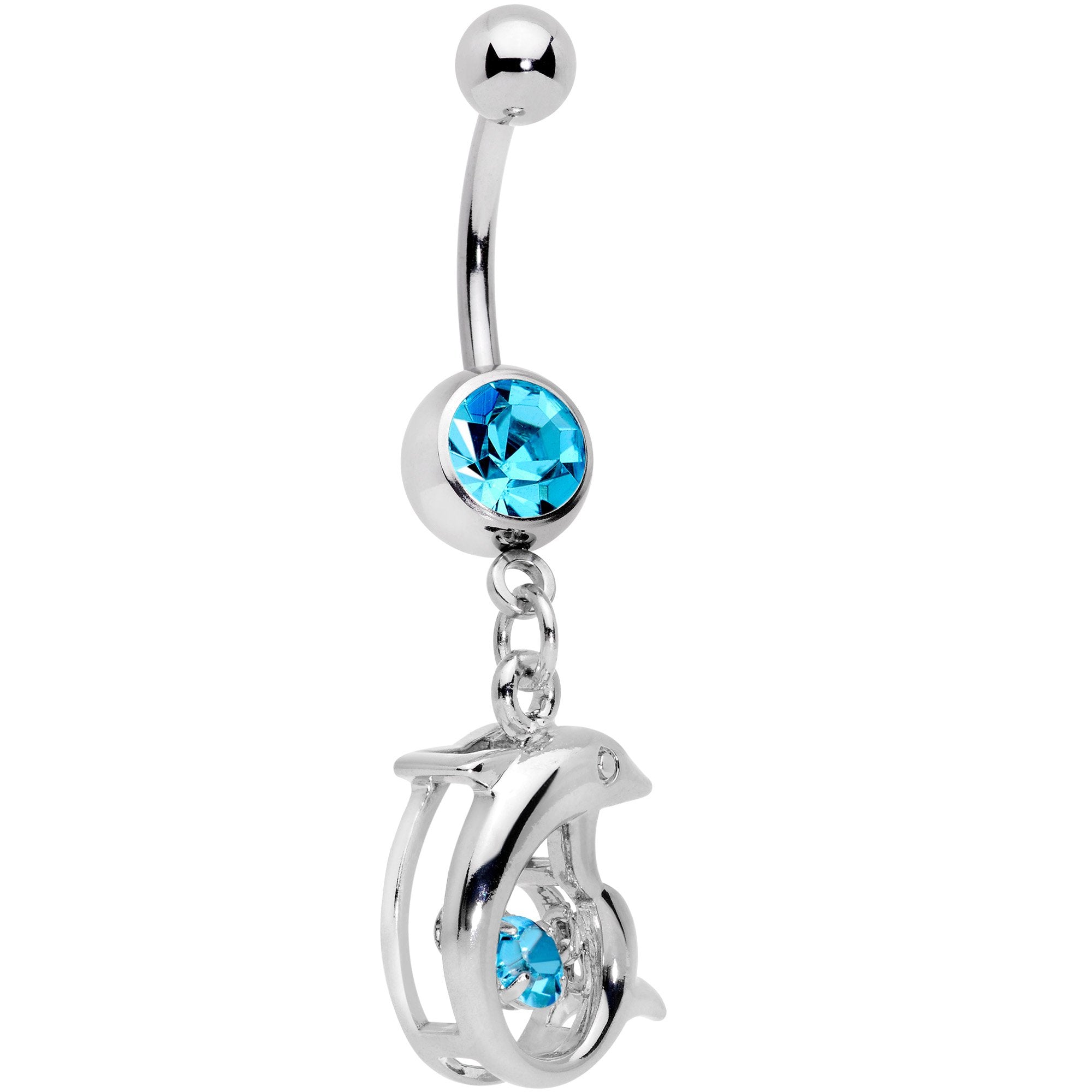 Aqua CZ Gem Abstract Dancing Dolphin Dangle Belly Ring