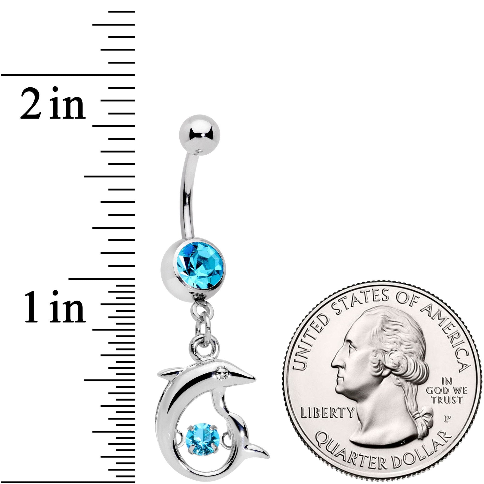 Aqua CZ Gem Abstract Dancing Dolphin Dangle Belly Ring