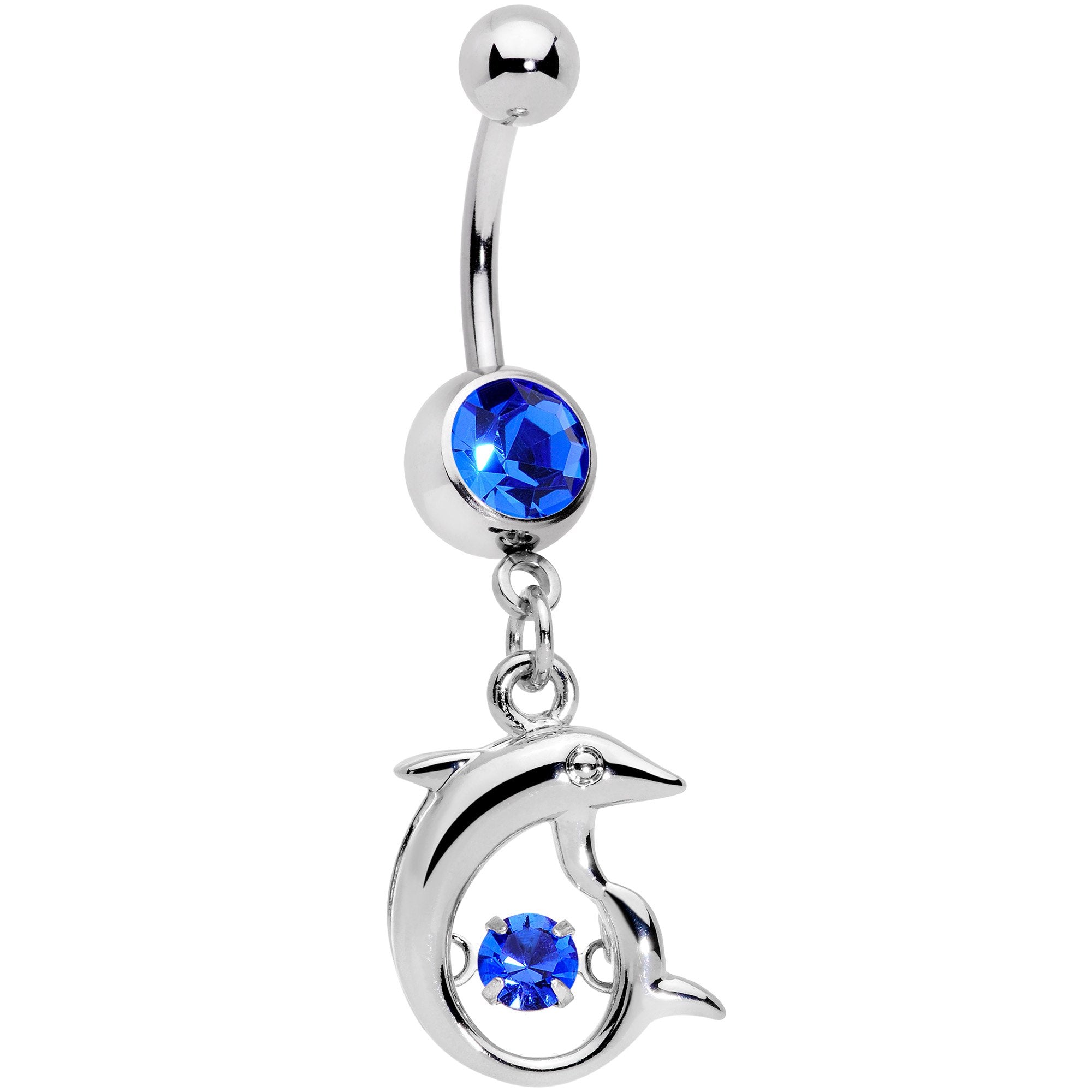 Blue CZ Gem Abstract Dancing Dolphin Dangle Belly Ring