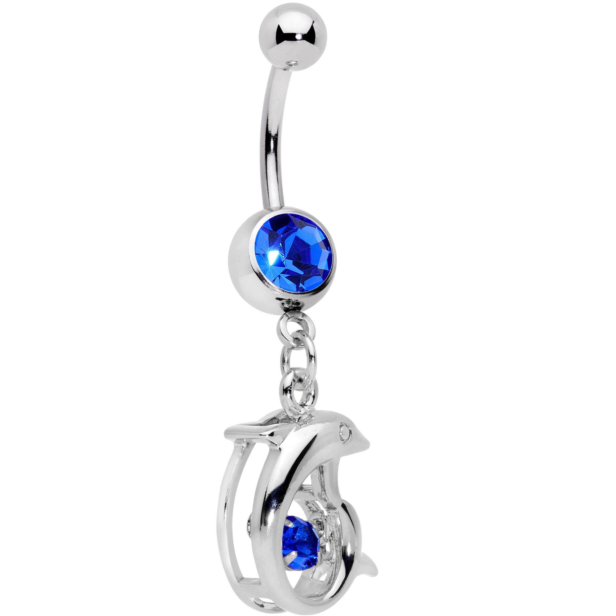 Blue CZ Gem Abstract Dancing Dolphin Dangle Belly Ring