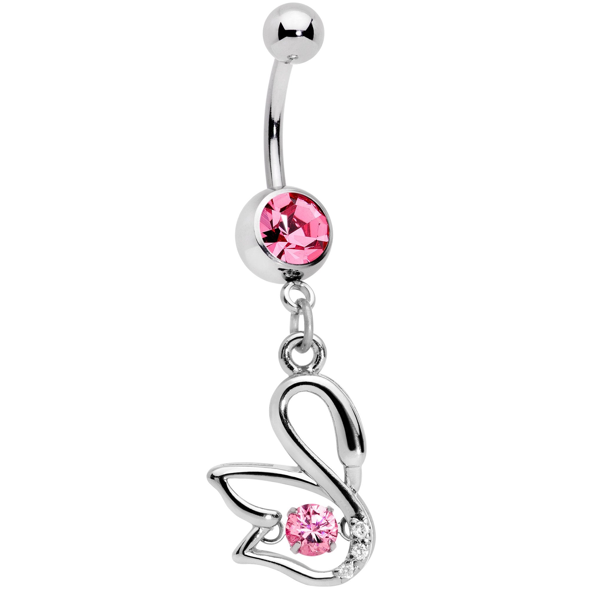 Clear Pink CZ Gem Floating Modernist Swan Dangle Belly Ring