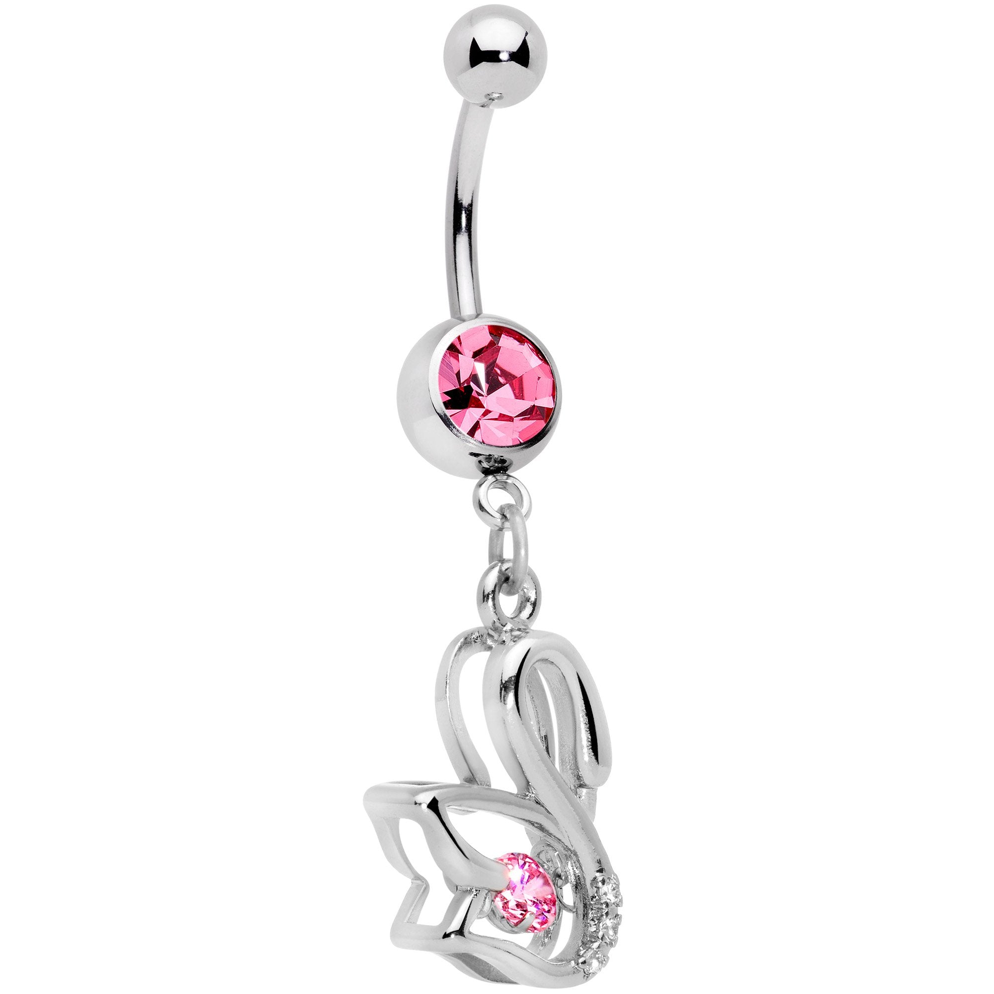 Clear Pink CZ Gem Floating Modernist Swan Dangle Belly Ring