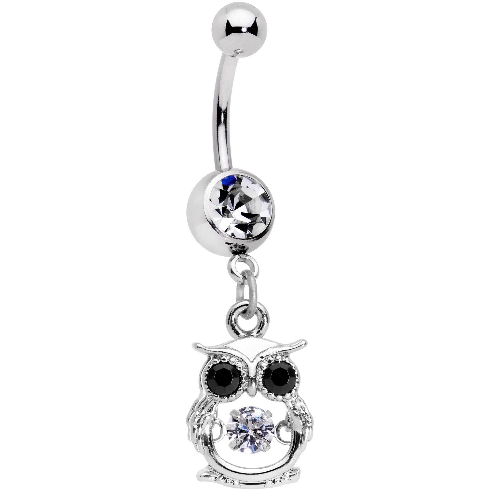 Black Clear CZ Gem It's A Hoot Owl Dangle Belly Ring