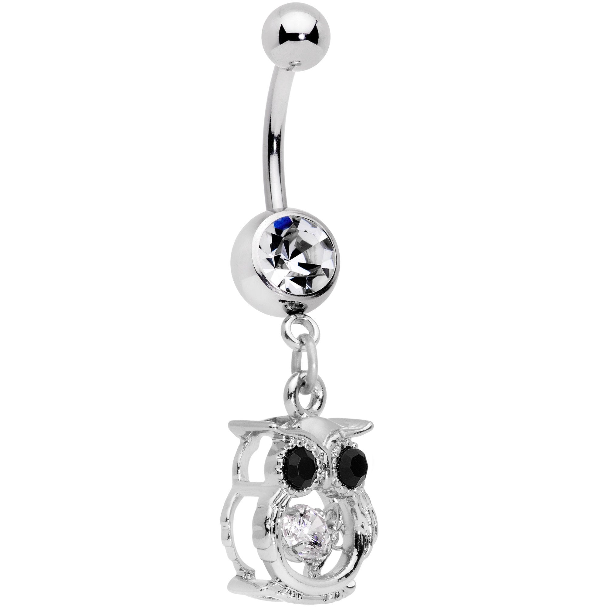 Black Clear CZ Gem It's A Hoot Owl Dangle Belly Ring