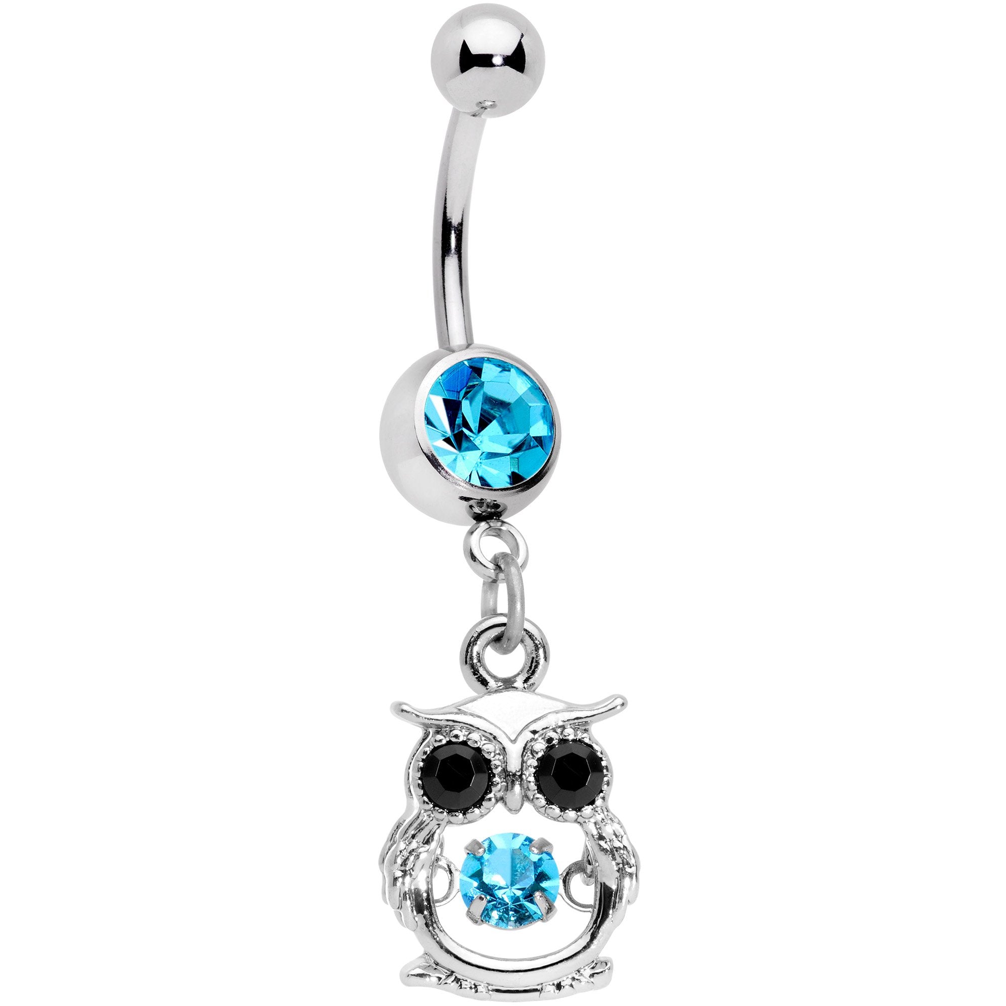 Black Aqua CZ Gem It's A Hoot Owl Dangle Belly Ring