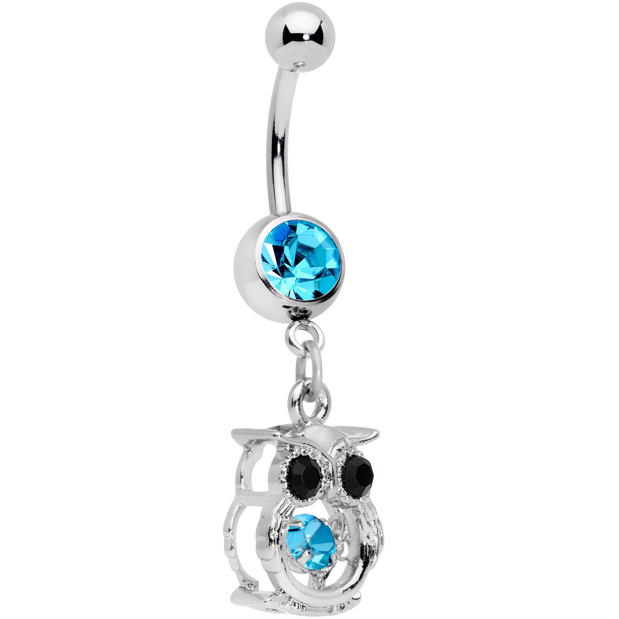 Black Aqua CZ Gem It's A Hoot Owl Dangle Belly Ring