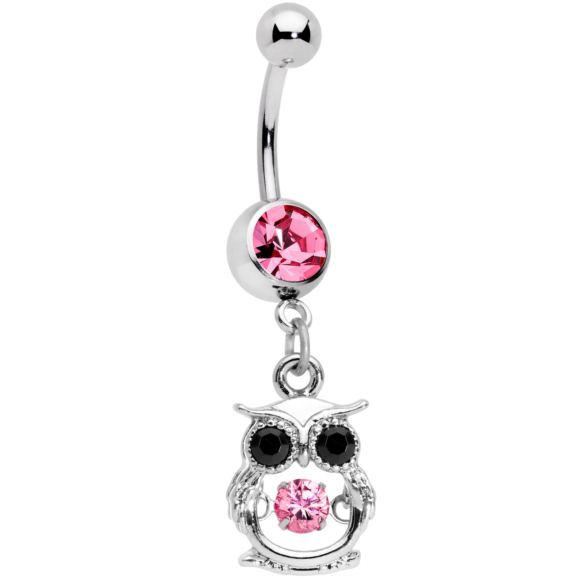 Black Pink CZ Gem It's A Hoot Owl Dangle Belly Ring