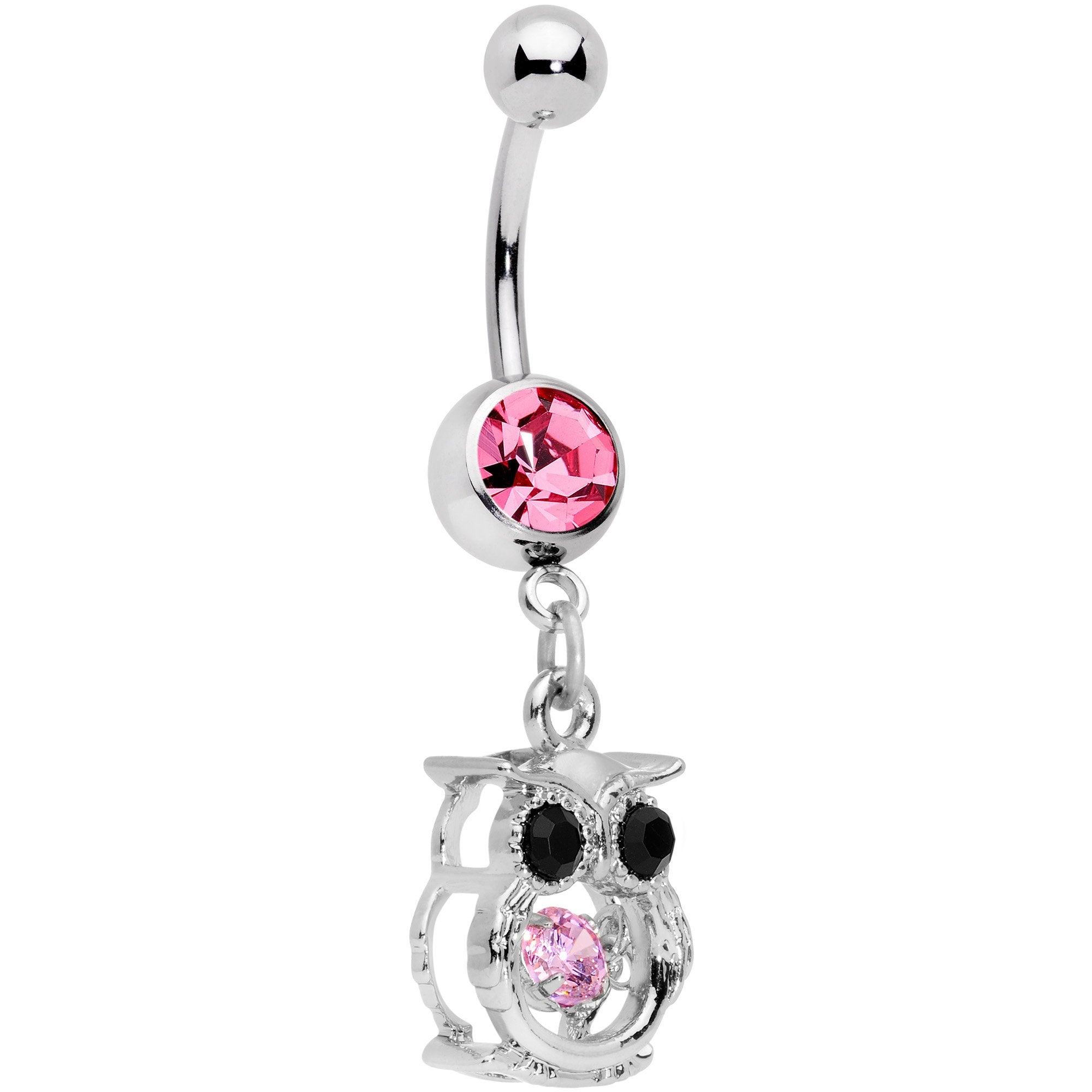 Black Pink CZ Gem It's A Hoot Owl Dangle Belly Ring