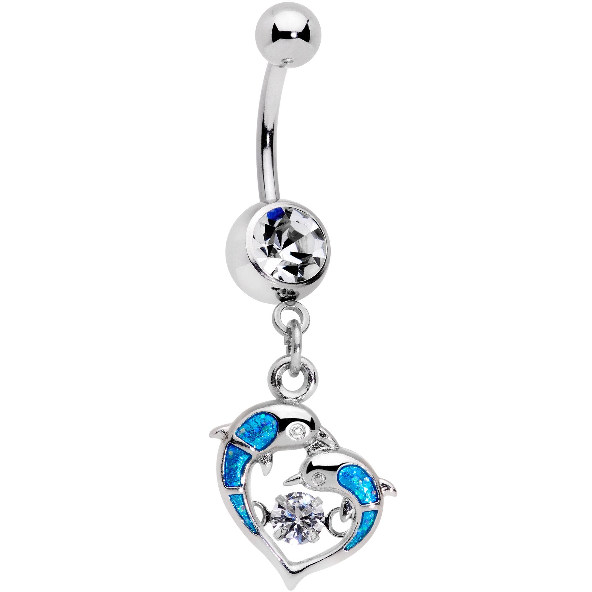 Clear CZ Gem Abstract Glitter Dancing Dolphin Dangle Belly Ring