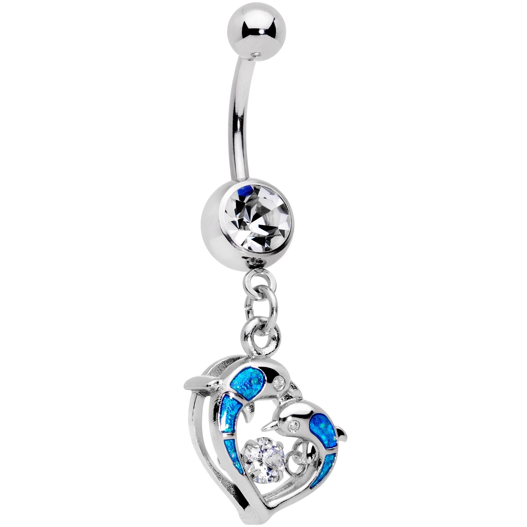 Clear CZ Gem Abstract Glitter Dancing Dolphin Dangle Belly Ring