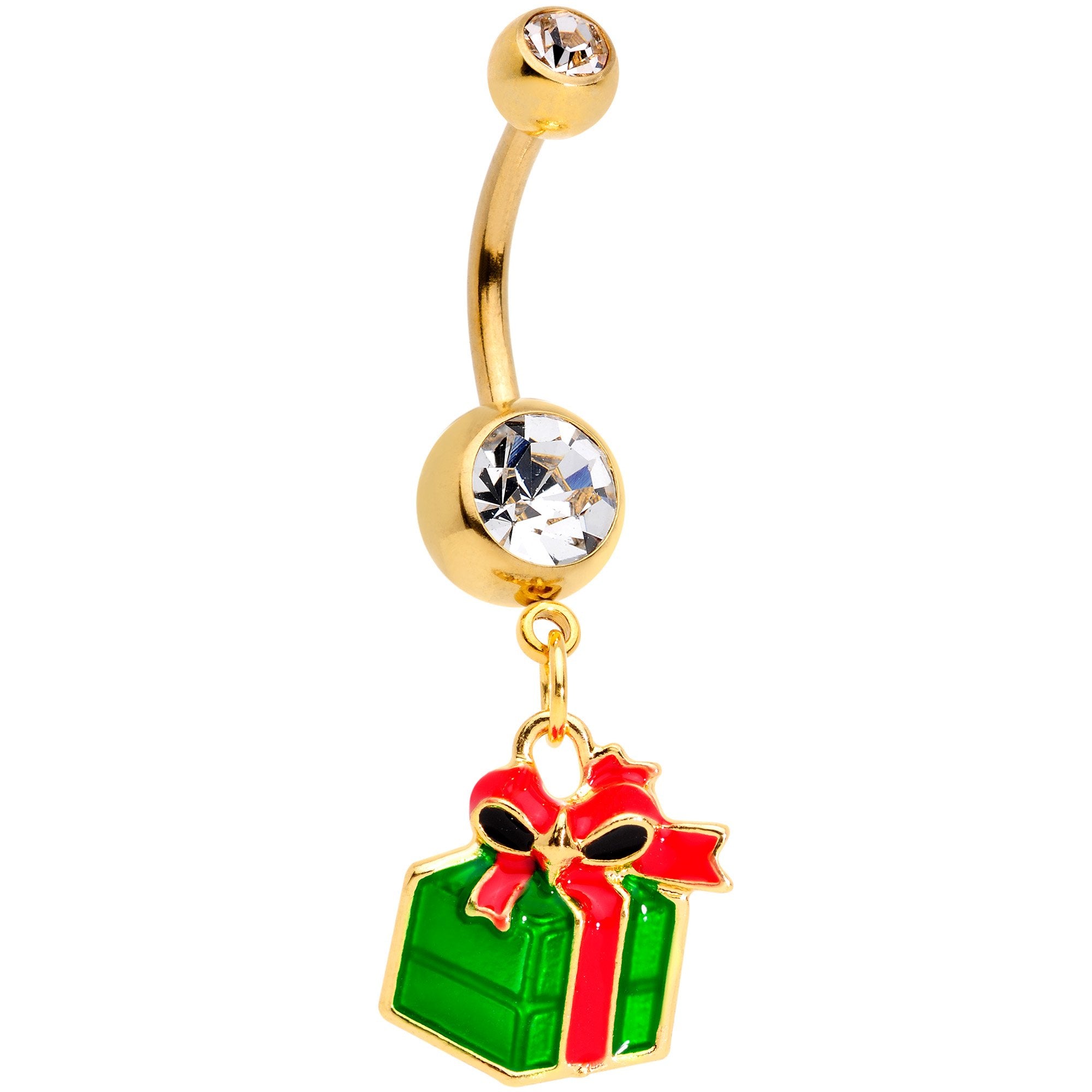 Clear Gem Gold Tone Green Red Happy Holiday Gift Dangle Belly Ring