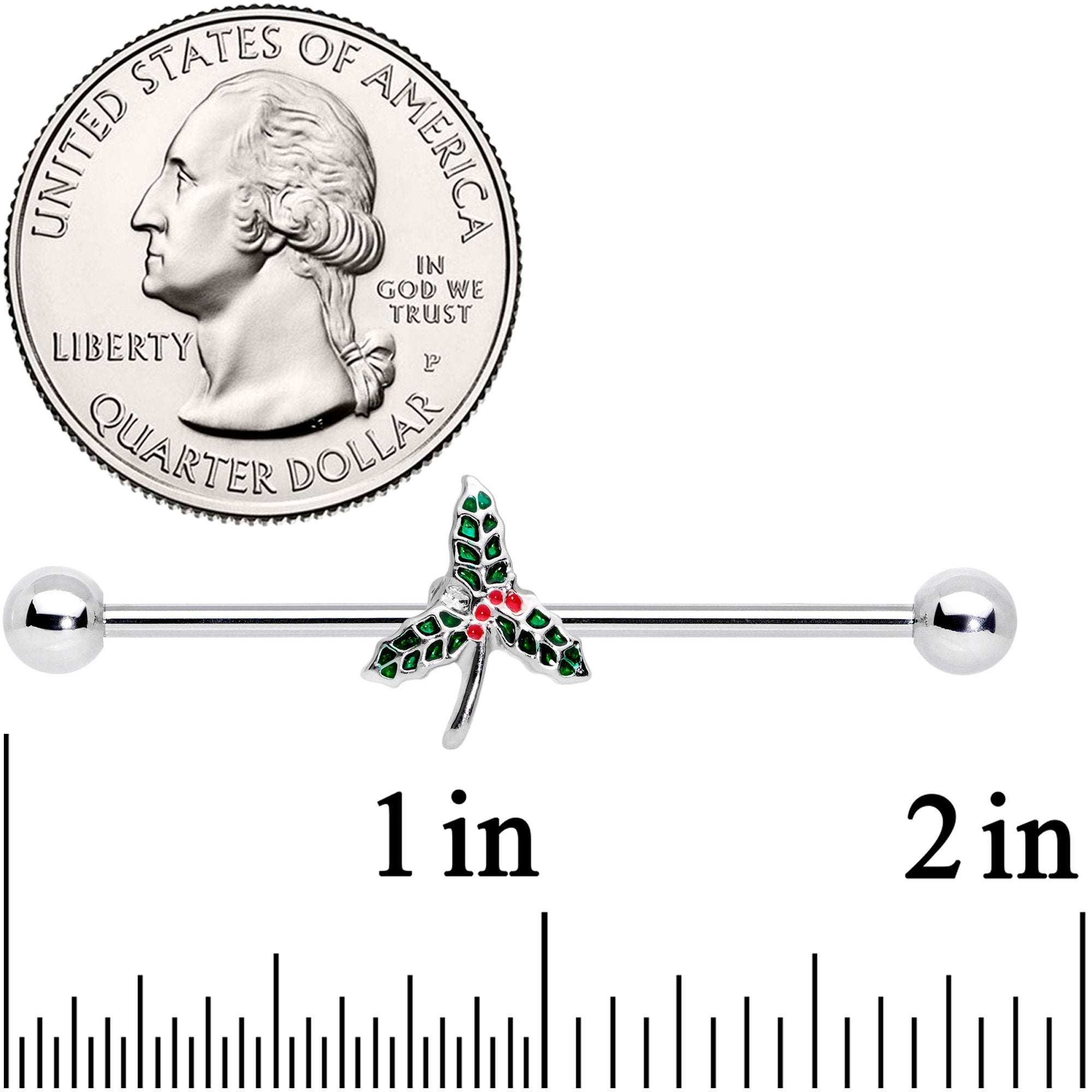 14 Gauge Christmas Mistletoe Industrial Barbell 38mm