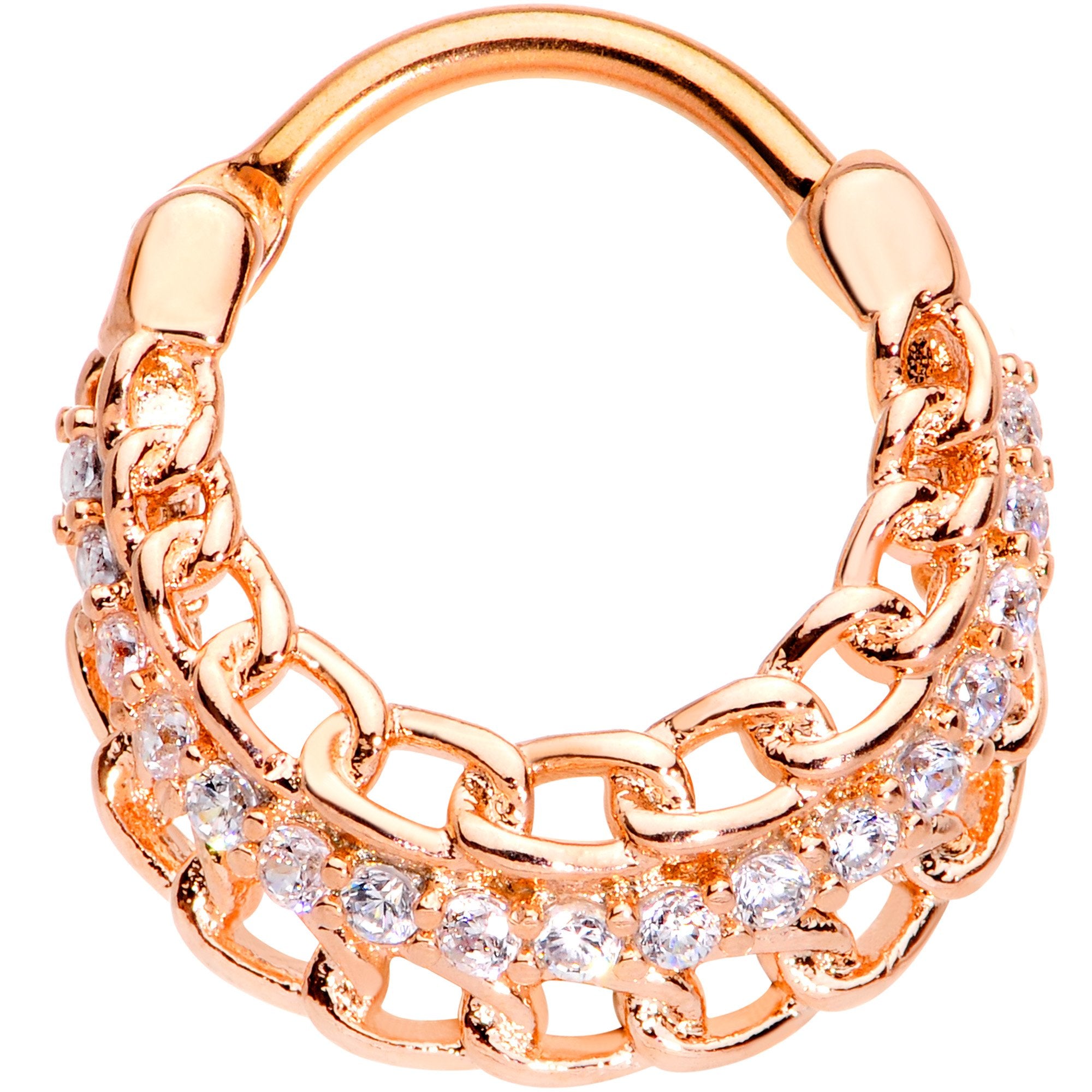 16 Gauge 3/8 Clear CZ Gem Rose Gold Tone Chain Hinged Septum Ring