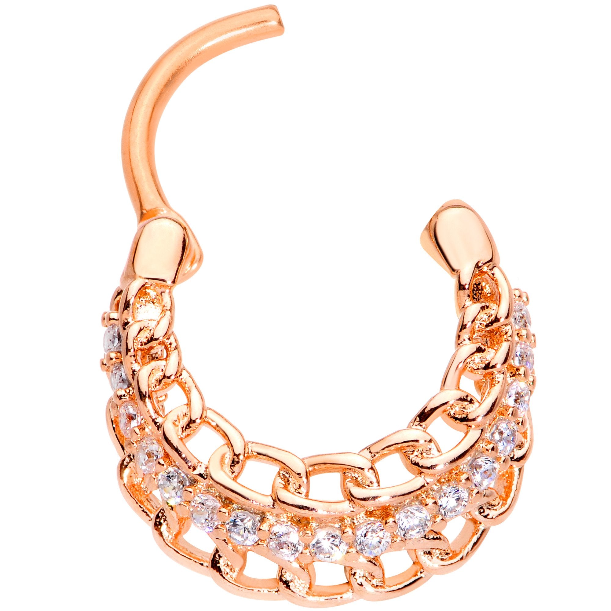 16 Gauge 3/8 Clear CZ Gem Rose Gold Tone Chain Hinged Septum Ring