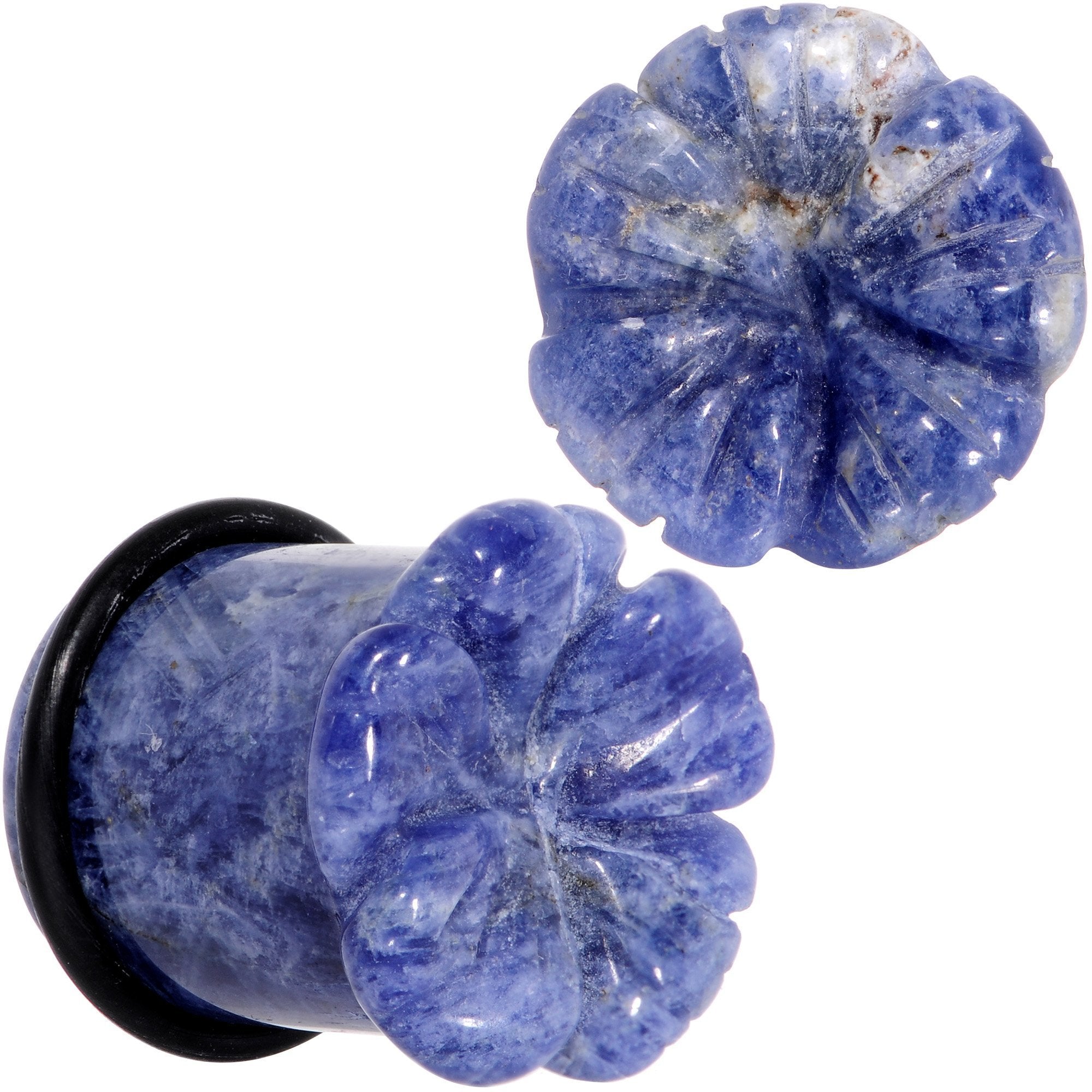 Natural Blue Sodalite Tropical Flower Single Flare Plug Set Sizes 6mm