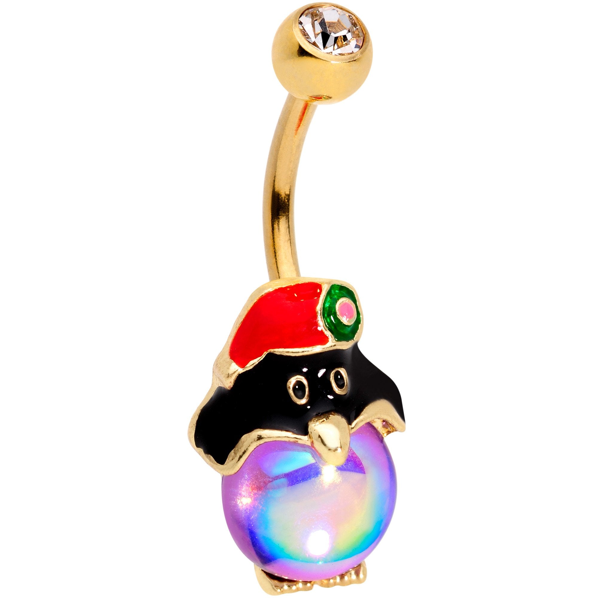 Clear Gem Gold Tone Iridescent Holiday Penguin Belly Ring