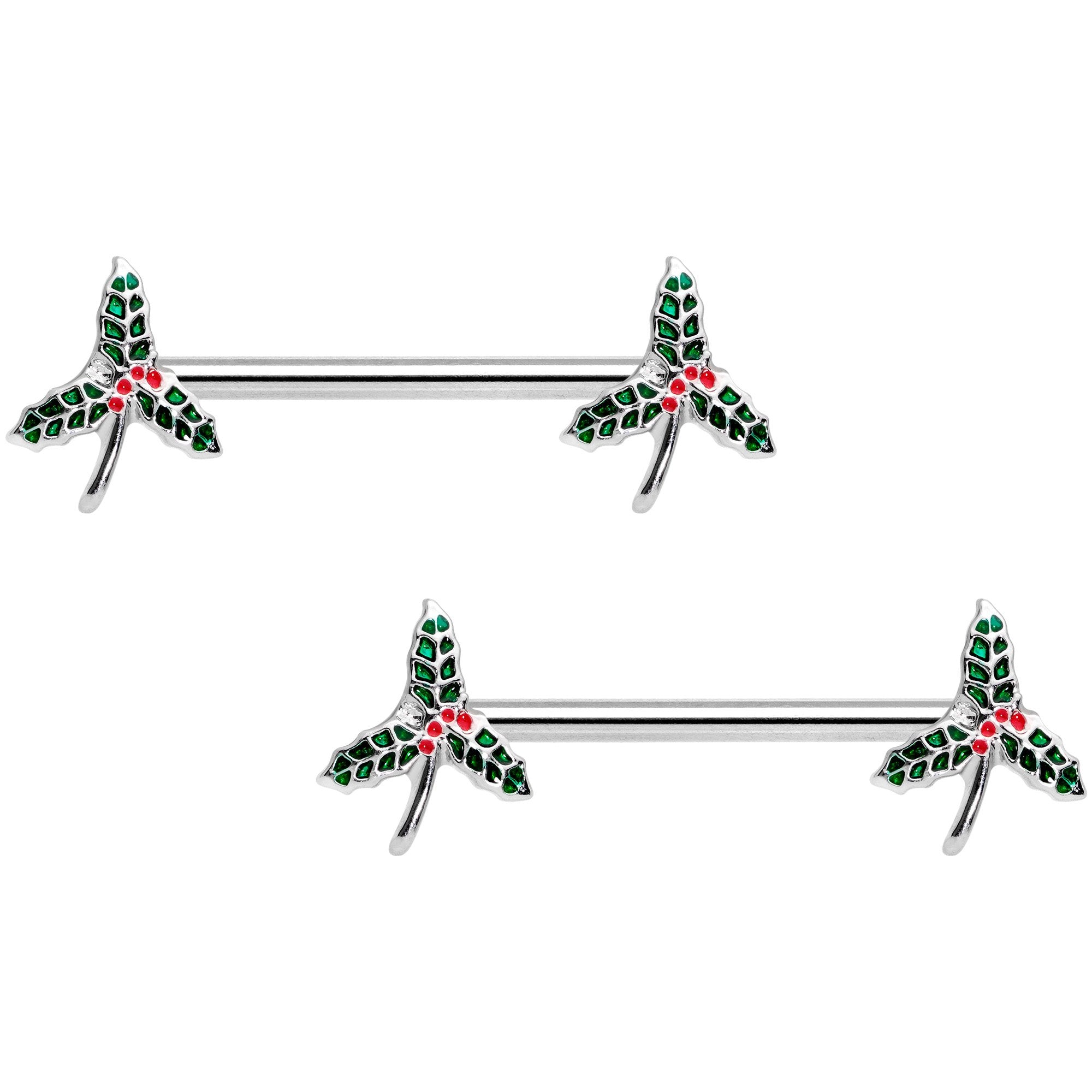 14 Gauge 9/16 Holiday Mistletoe Barbell Nipple Ring Set