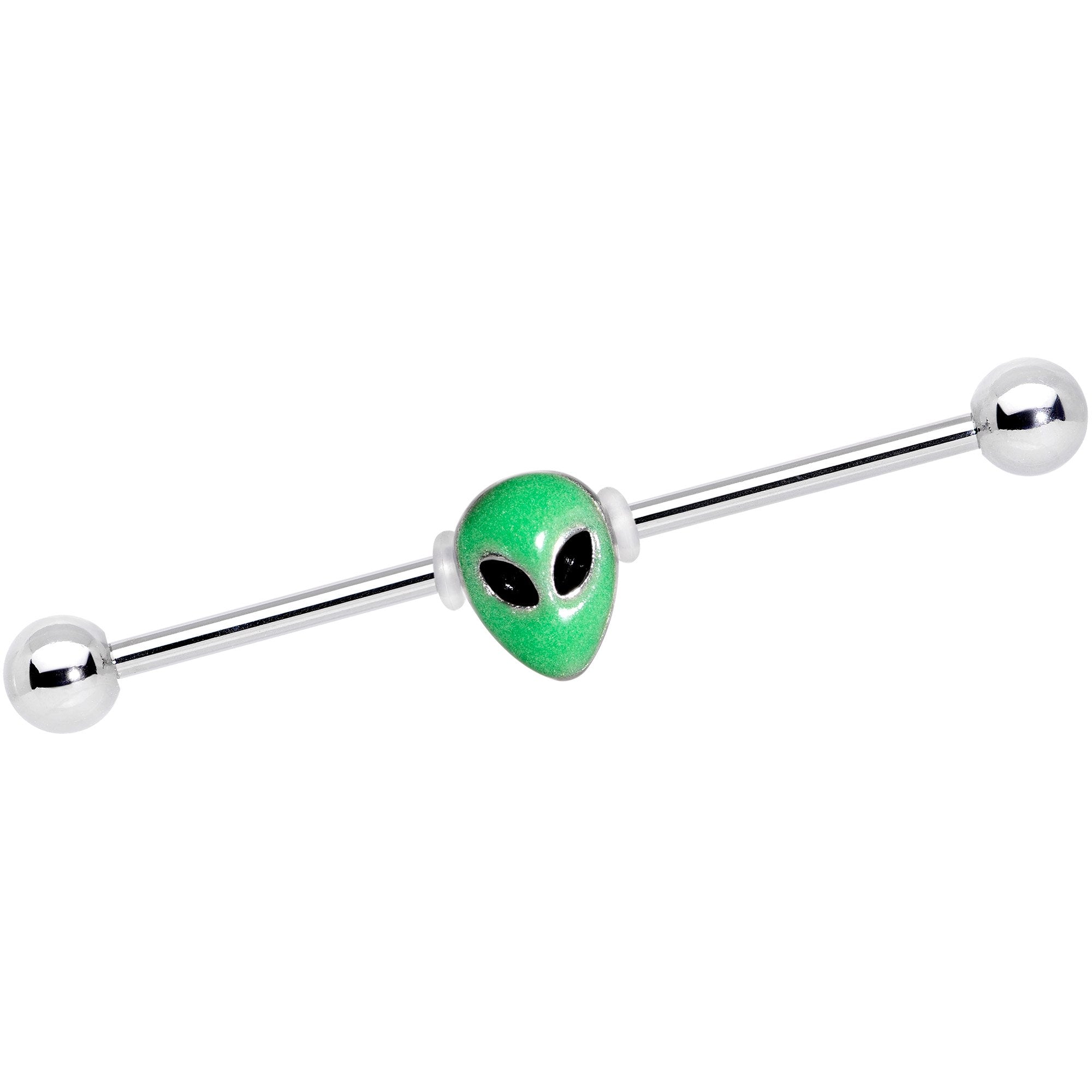 14 Gauge Green Glow in the Dark Space Alien Industrial Barbell 38mm