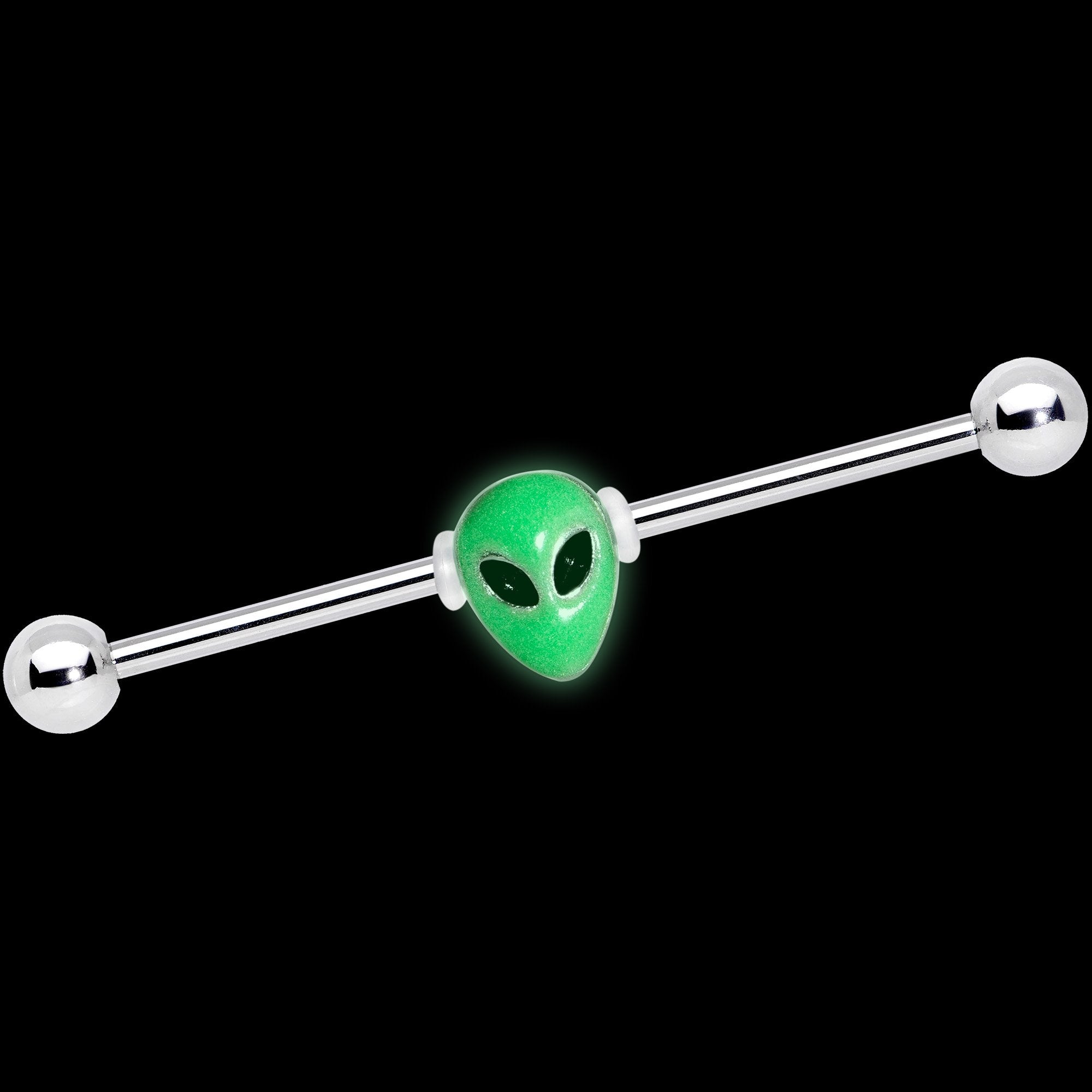 14 Gauge Green Glow in the Dark Space Alien Industrial Barbell 38mm