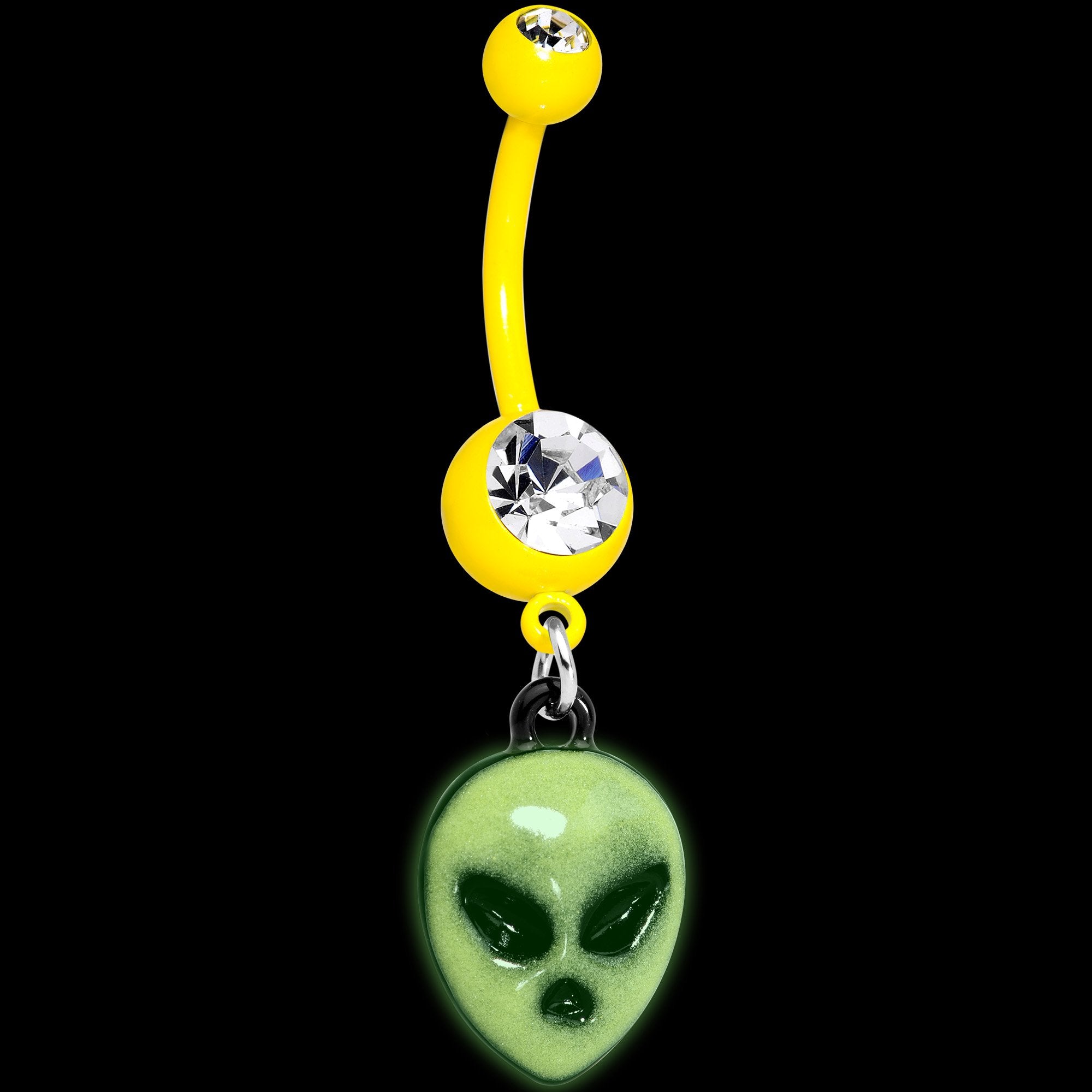 Clear Gem Yellow Glow in the Dark Grumpy Alien Dangle Belly Ring