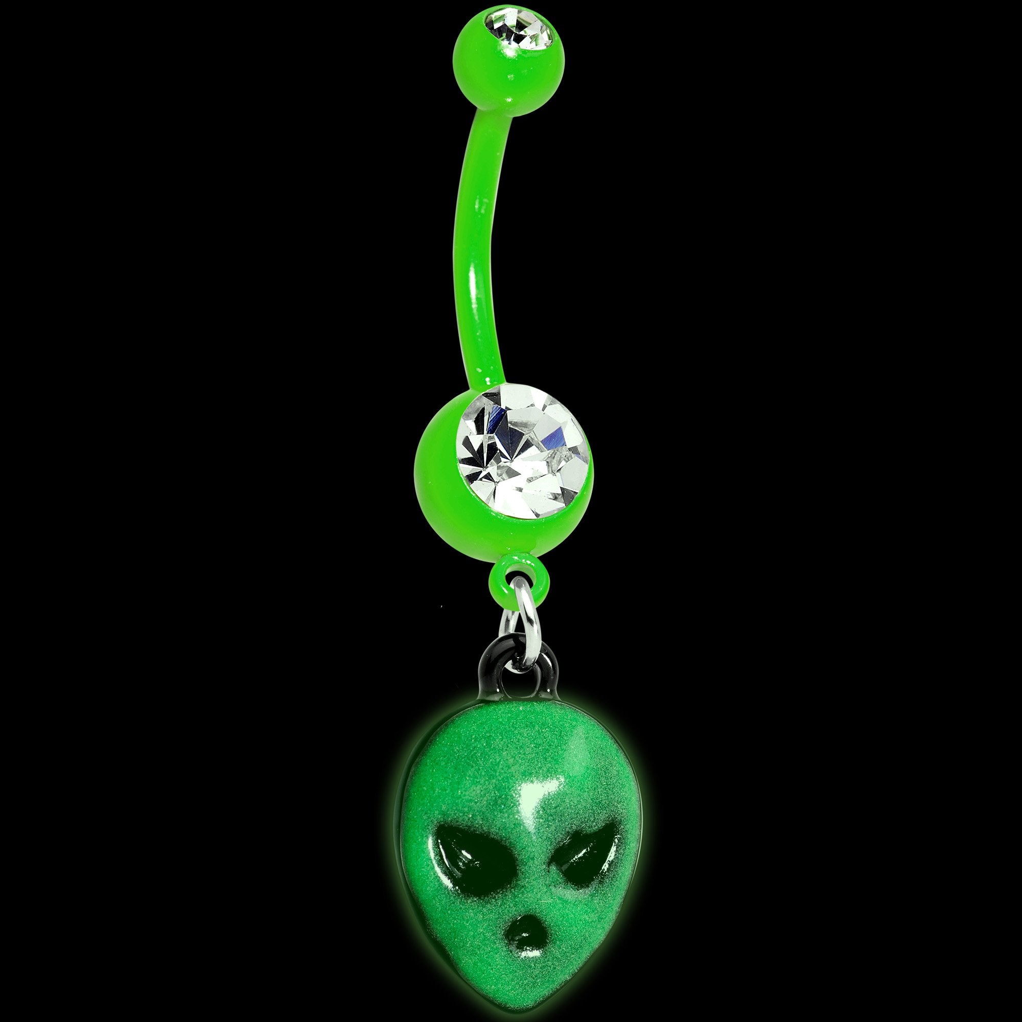 Clear Gem Green Glow in the Dark Grumpy Alien Dangle Belly Ring