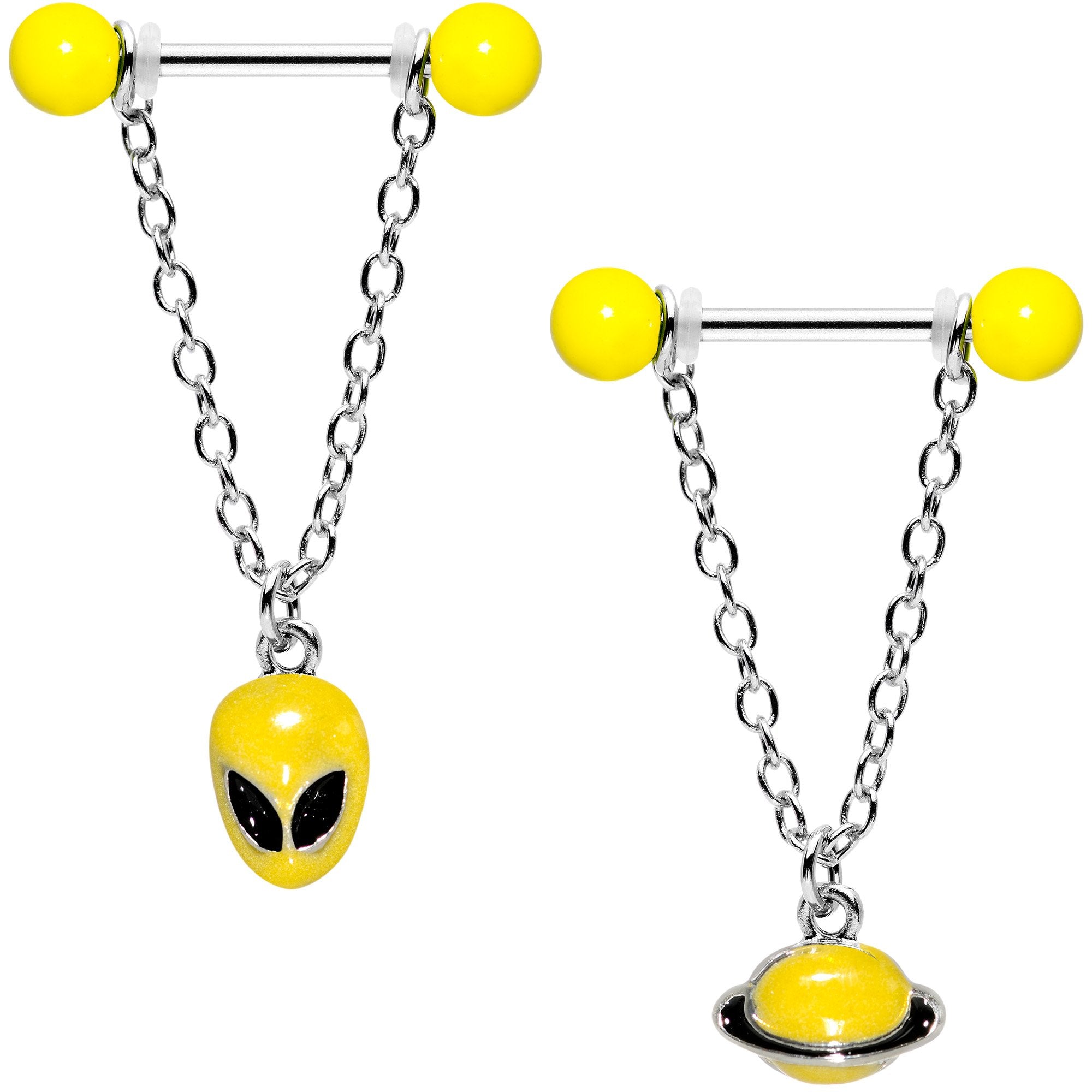 14 Gauge 9/16 Yellow Glow Alien Saturn Dangle Barbell Nipple Ring Set