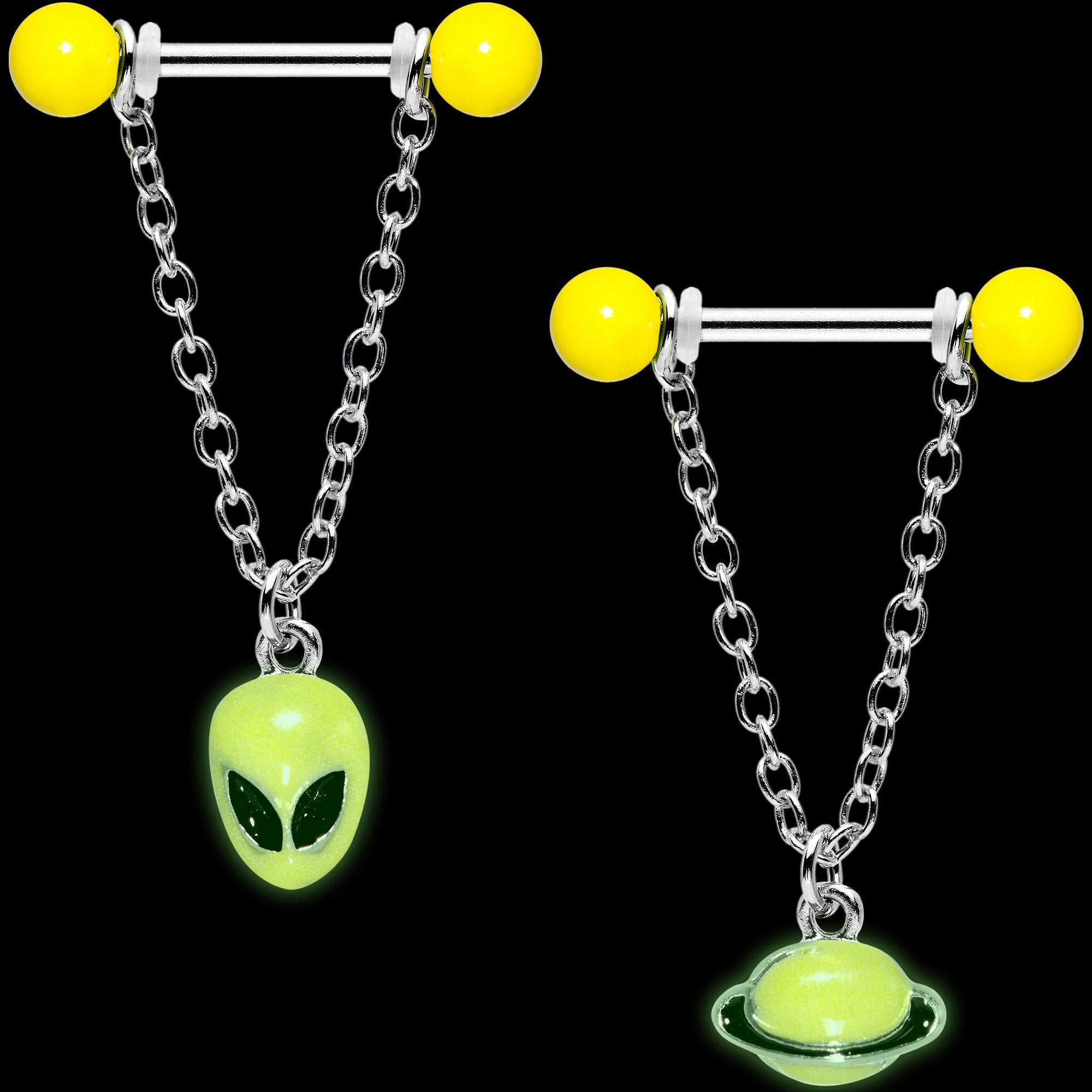 14 Gauge 9/16 Yellow Glow Alien Saturn Dangle Barbell Nipple Ring Set