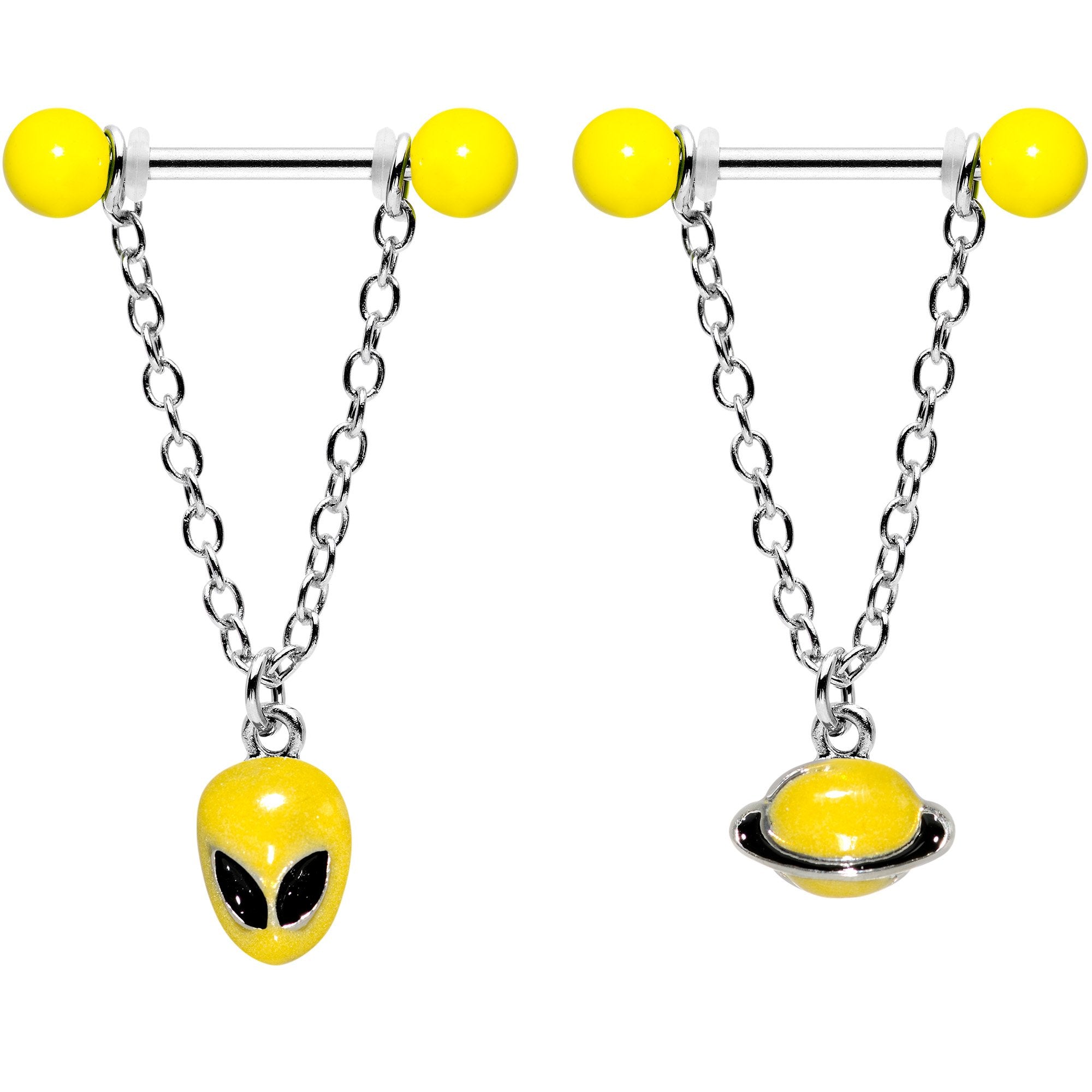 14 Gauge 9/16 Yellow Glow Alien Saturn Dangle Barbell Nipple Ring Set