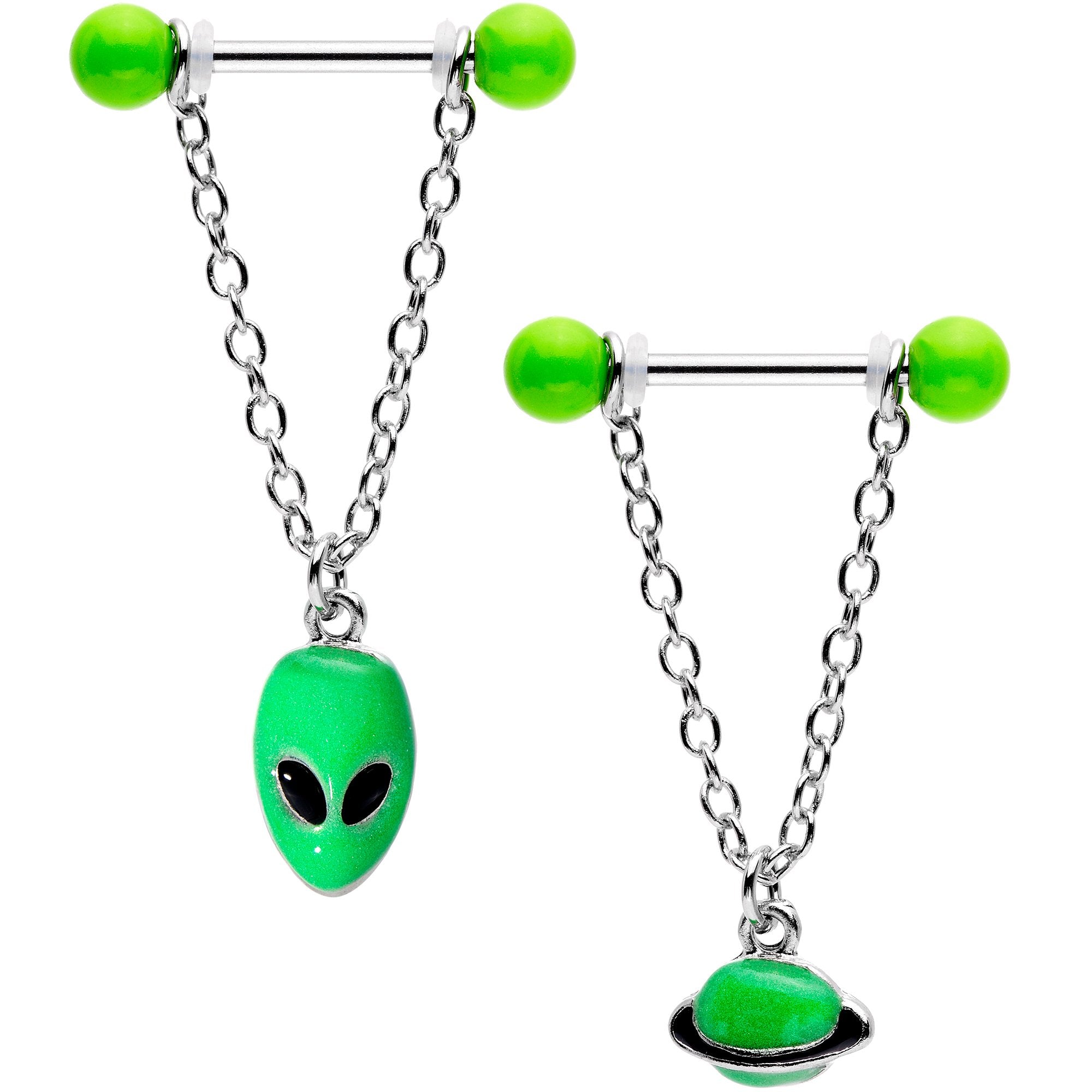 14 Gauge 9/16 Glow Alien Saturn Dangle Barbell Nipple Ring Set