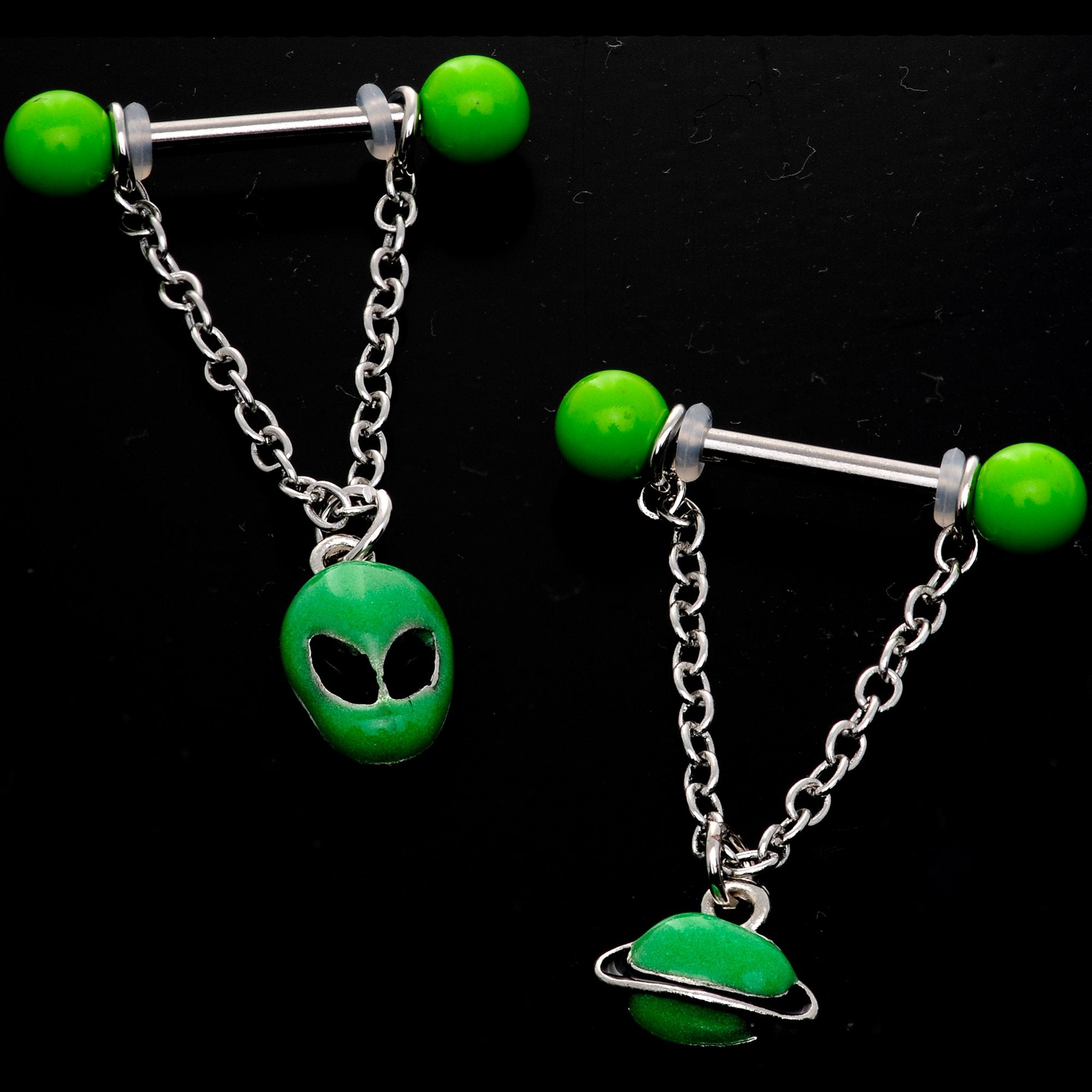 14 Gauge 9/16 Glow Alien Saturn Dangle Barbell Nipple Ring Set