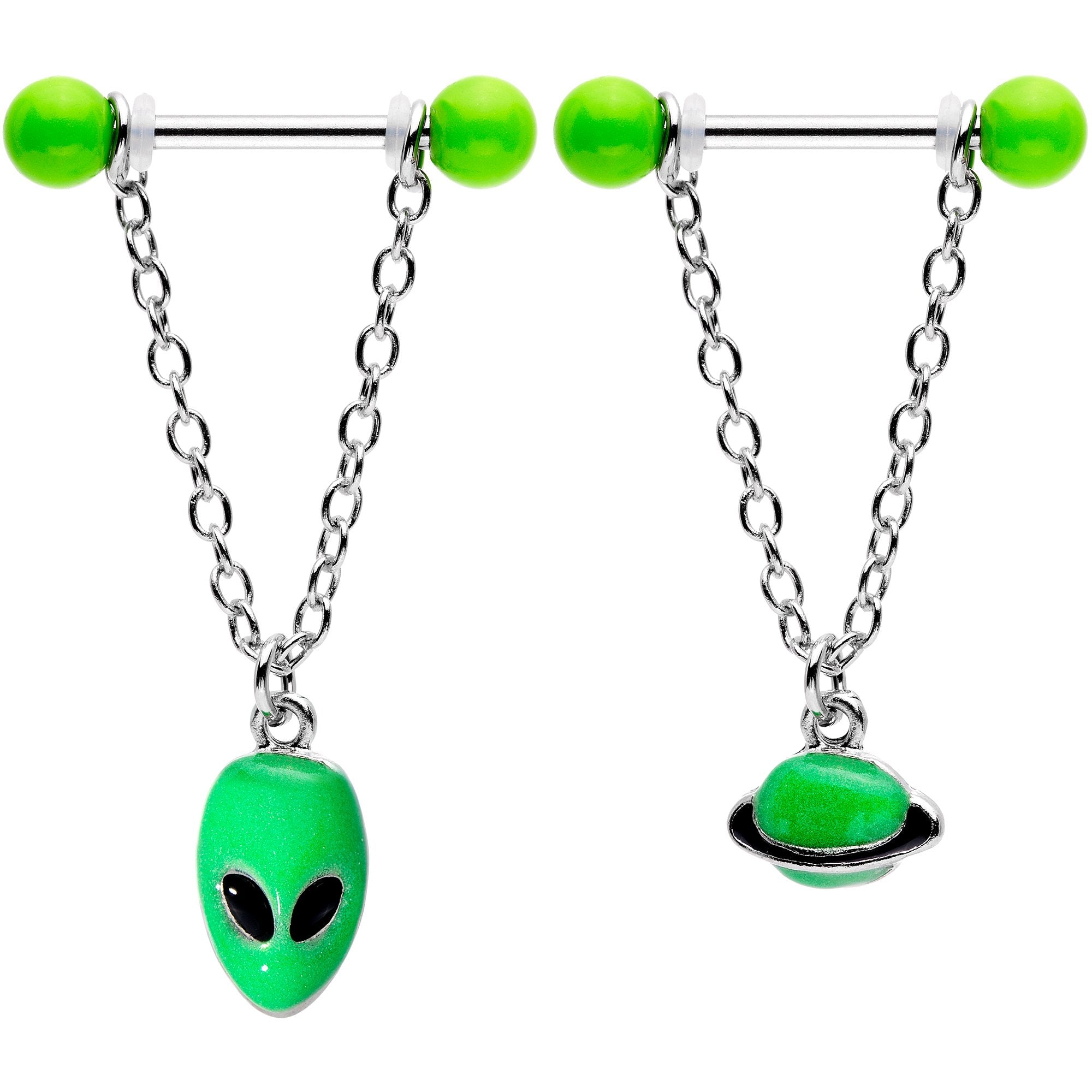 14 Gauge 9/16 Glow Alien Saturn Dangle Barbell Nipple Ring Set